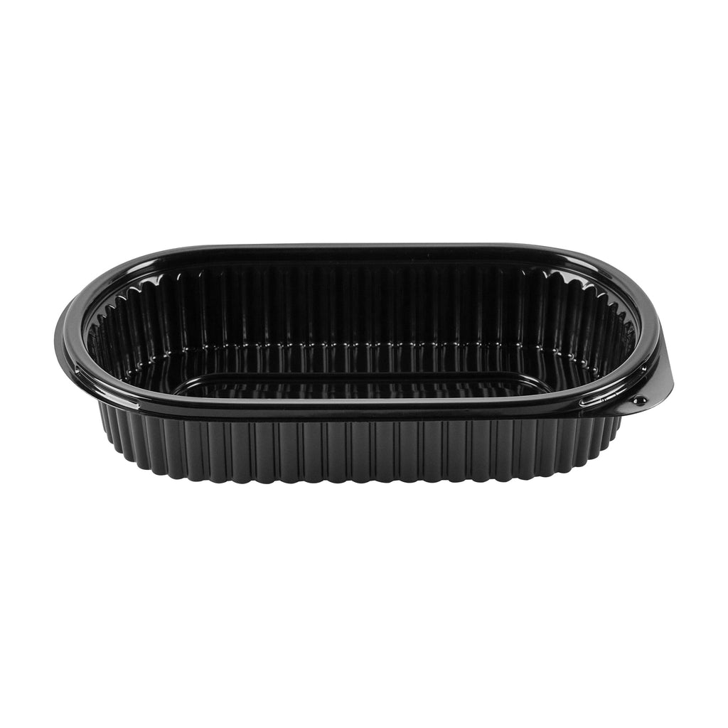 Chef 101 25 oz Oval Black Plastic Food Container - with Clear Flat Lid, Microwavable - 9 1/4" x 6" x 1 3/4" - 100 count box