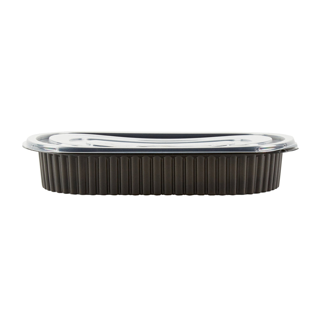 Chef 101 25 oz Oval Black Plastic Food Container - with Clear Flat Lid, Microwavable - 9 1/4" x 6" x 1 3/4" - 100 count box