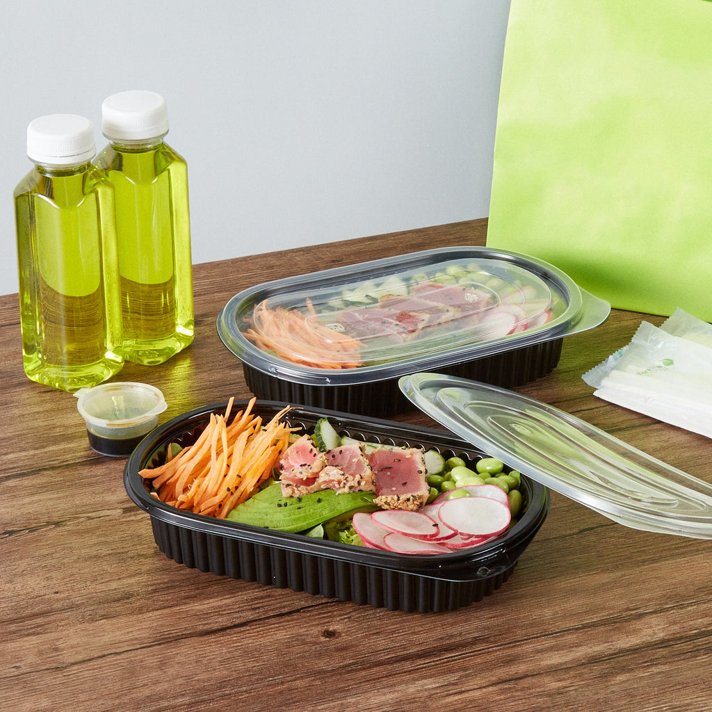 Chef 101 25 oz Oval Black Plastic Food Container - with Clear Flat Lid, Microwavable - 9 1/4" x 6" x 1 3/4" - 100 count box