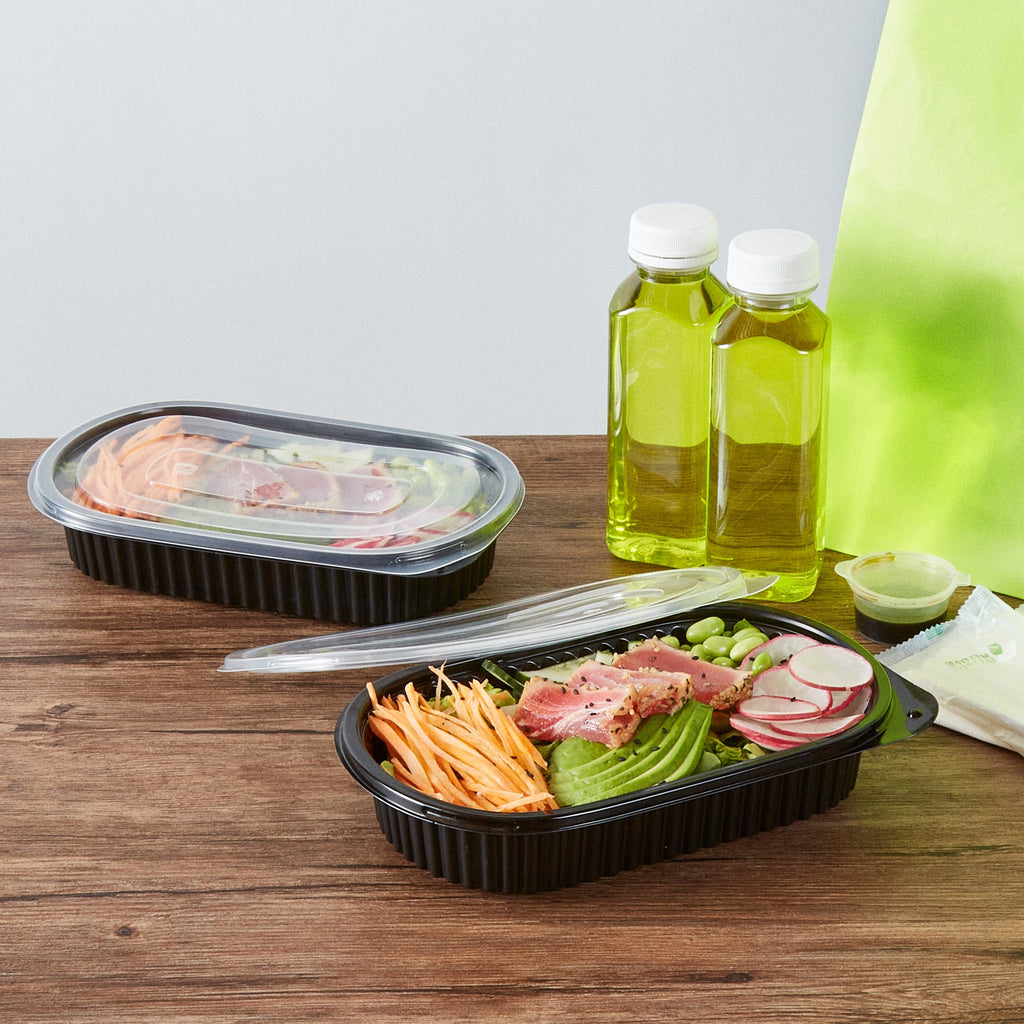 Chef 101 25 oz Oval Black Plastic Food Container - with Clear Flat Lid, Microwavable - 9 1/4" x 6" x 1 3/4" - 100 count box