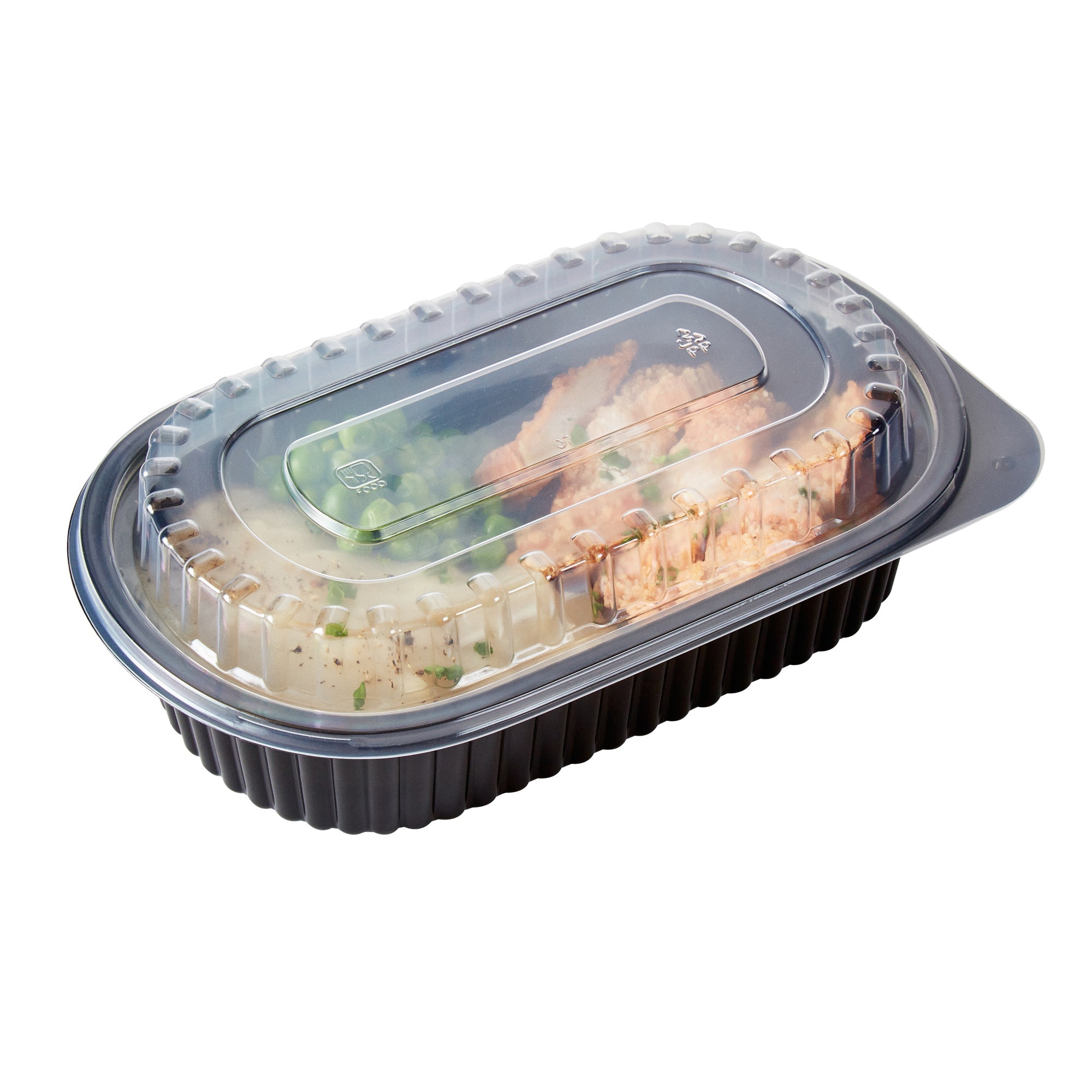 Chef 101 32 oz Oval Black Plastic Food Container - with Clear Dome Lid, Microwavable - 9 1/4" x 6" x 2 1/2" - 50 count box