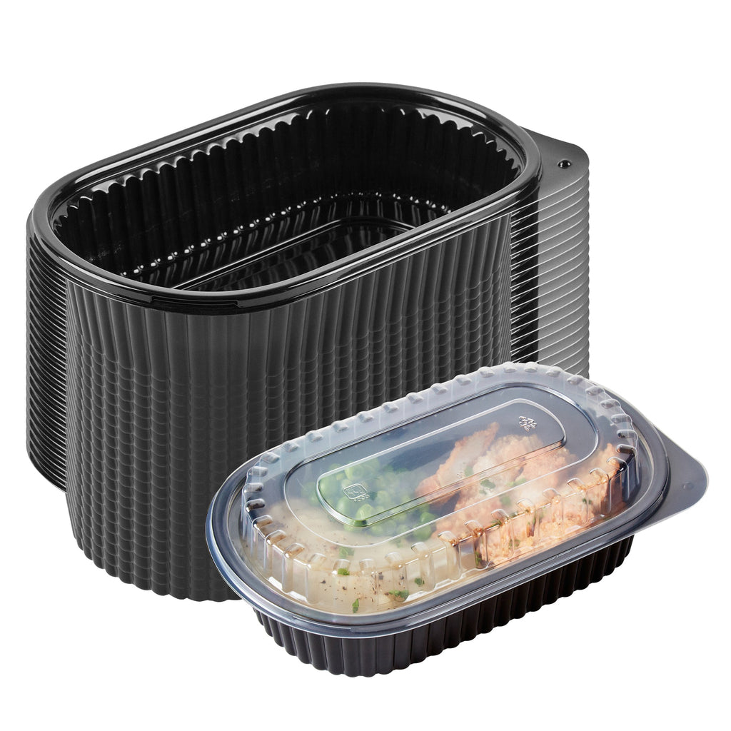 Chef 101 32 oz Oval Black Plastic Food Container - with Clear Dome Lid, Microwavable - 9 1/4" x 6" x 2 1/2" - 50 count box