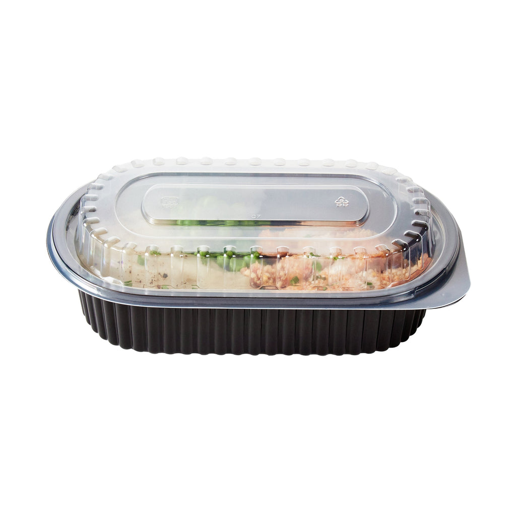 Chef 101 32 oz Oval Black Plastic Food Container - with Clear Dome Lid, Microwavable - 9 1/4" x 6" x 2 1/2" - 50 count box