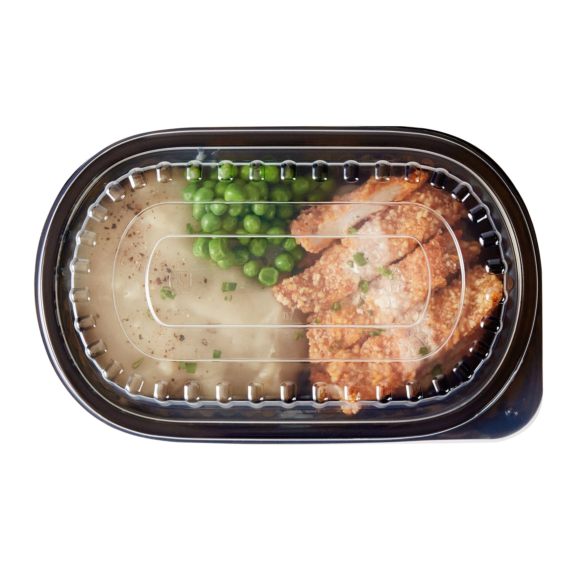 Chef 101 32 oz Oval Black Plastic Food Container - with Clear Dome Lid, Microwavable - 9 1/4" x 6" x 2 1/2" - 50 count box