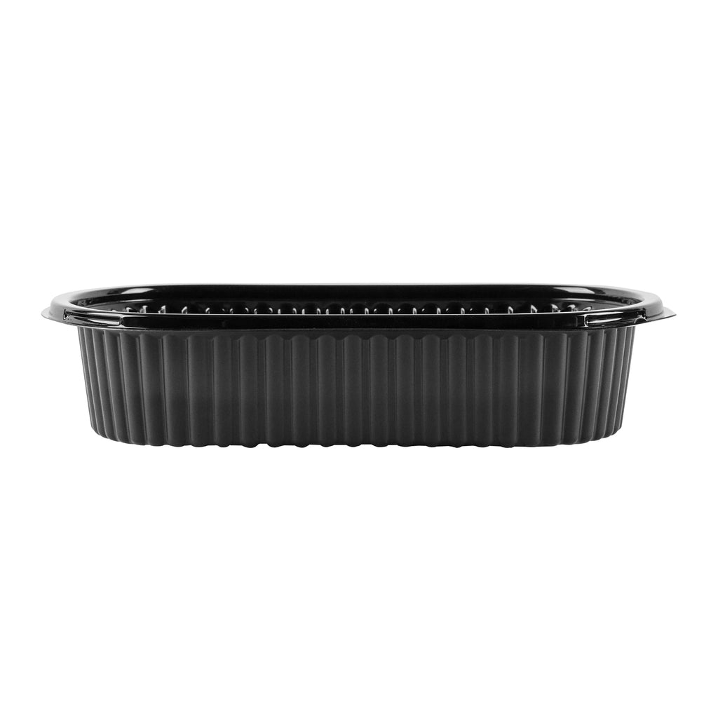 Chef 101 32 oz Oval Black Plastic Food Container - with Clear Dome Lid, Microwavable - 9 1/4" x 6" x 2 1/2" - 50 count box