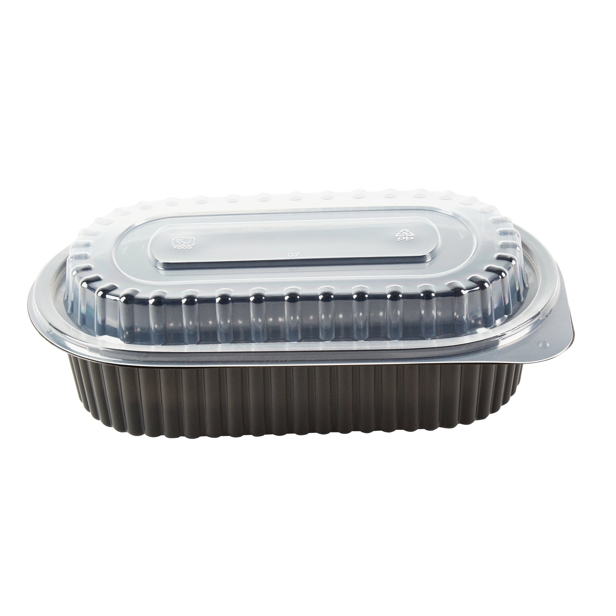 Chef 101 32 oz Oval Black Plastic Food Container - with Clear Dome Lid, Microwavable - 9 1/4" x 6" x 2 1/2" - 50 count box