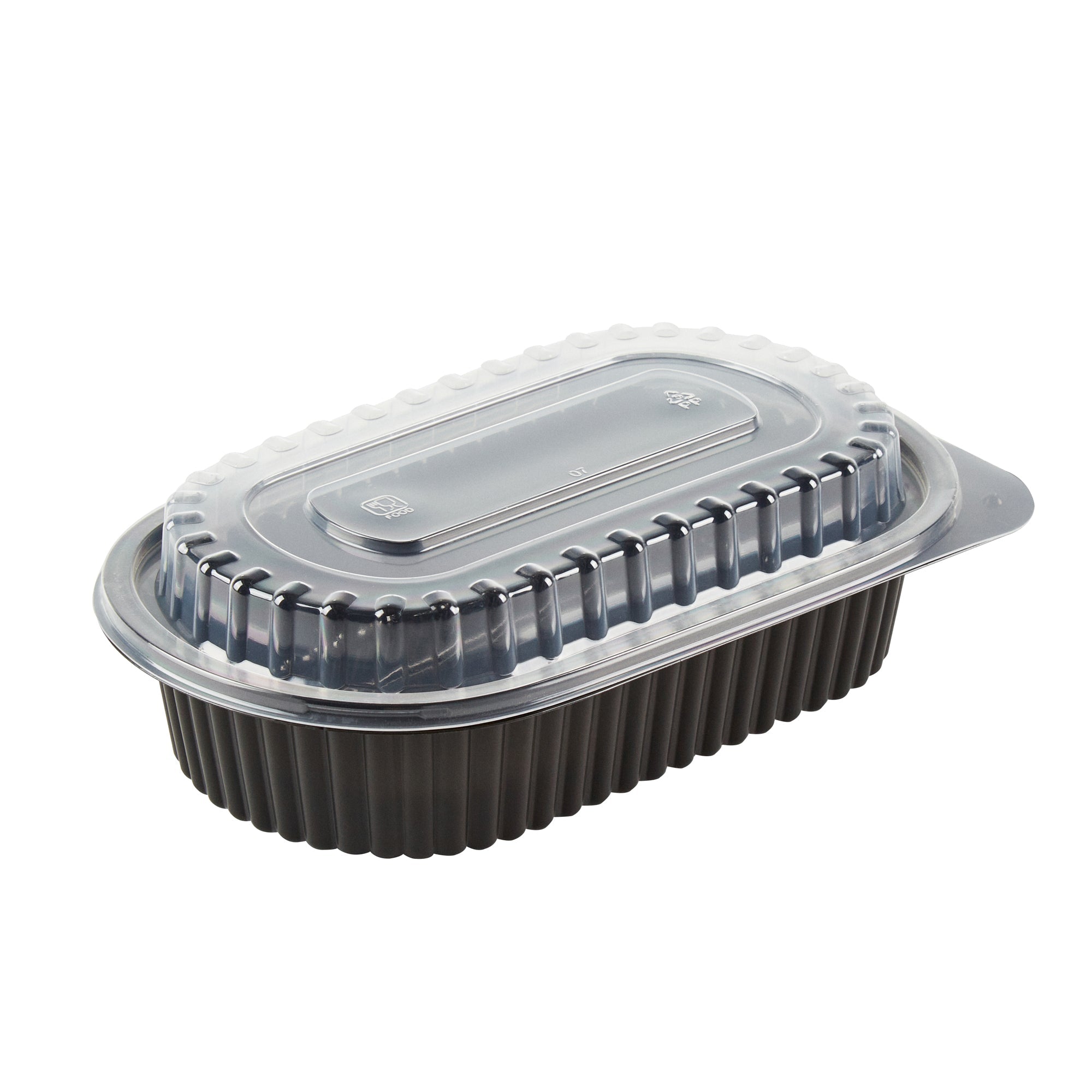 Chef 101 32 oz Oval Black Plastic Food Container - with Clear Dome Lid, Microwavable - 9 1/4" x 6" x 2 1/2" - 50 count box
