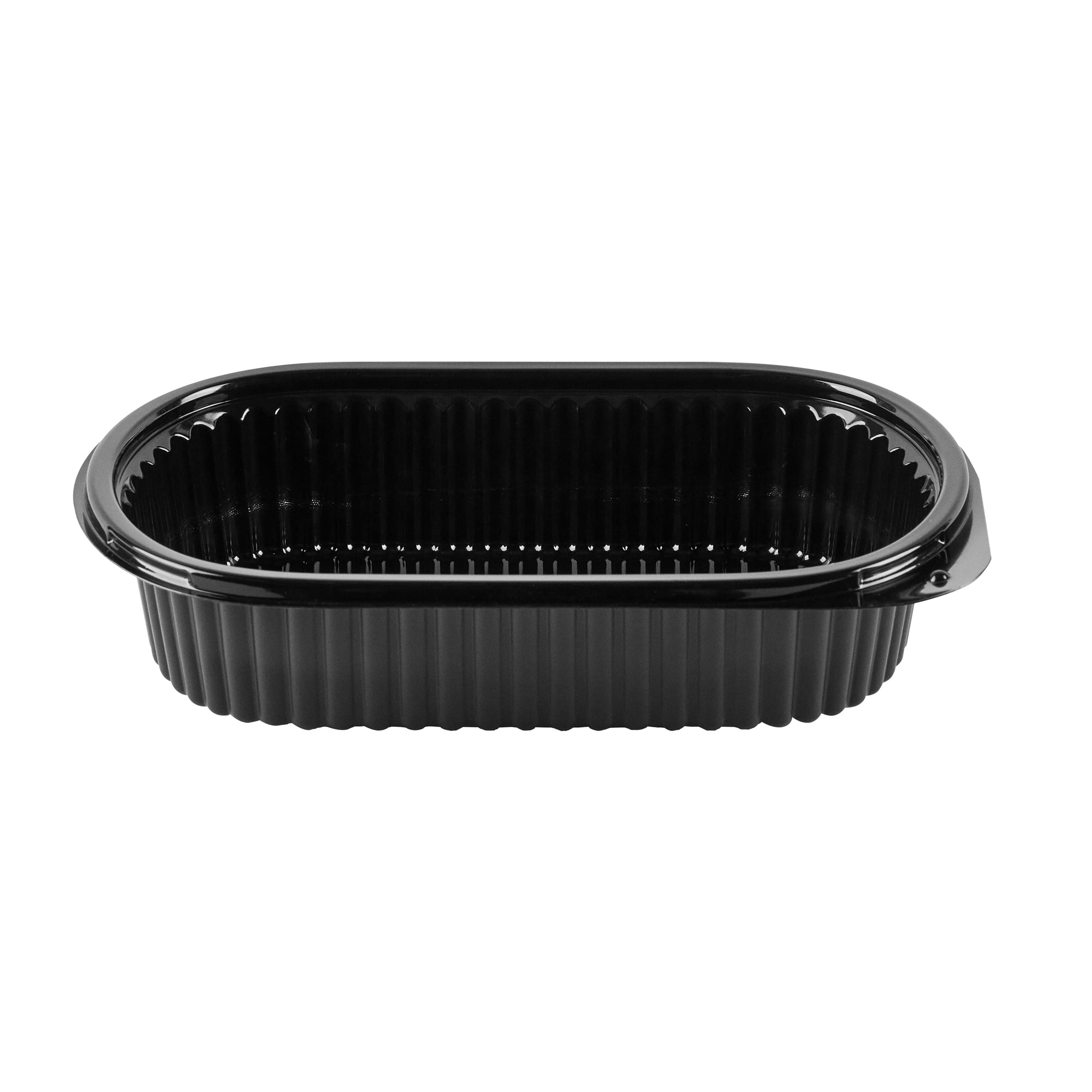 Chef 101 32 oz Oval Black Plastic Food Container - with Clear Dome Lid, Microwavable - 9 1/4" x 6" x 2 1/2" - 50 count box