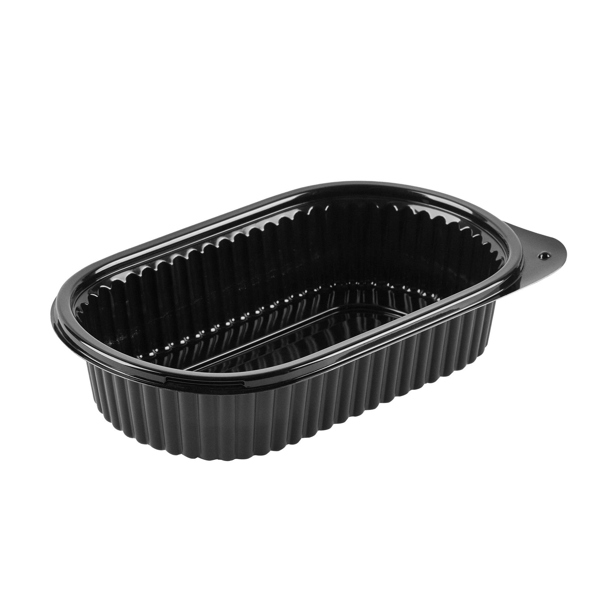 Chef 101 32 oz Oval Black Plastic Food Container - with Clear Dome Lid, Microwavable - 9 1/4" x 6" x 2 1/2" - 50 count box