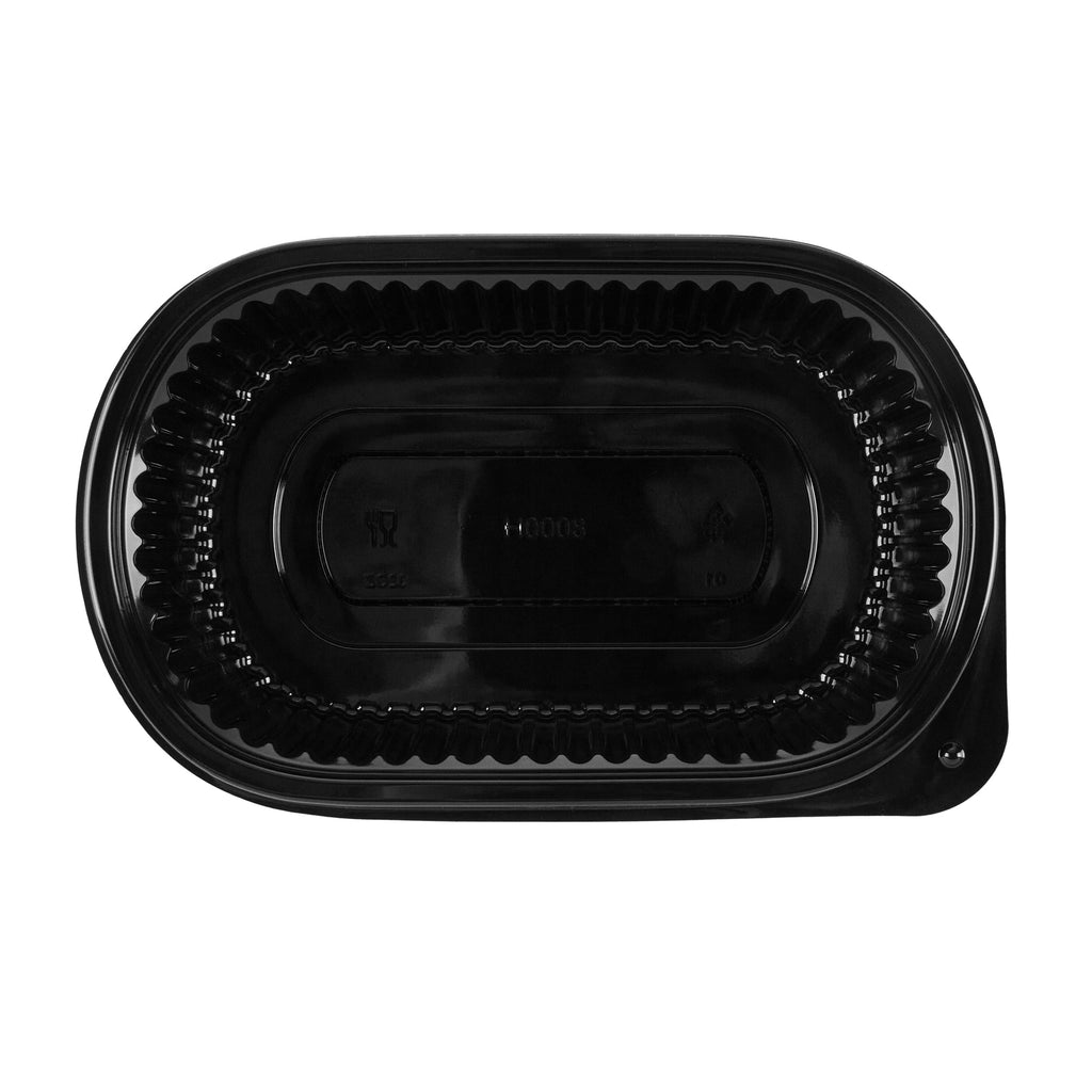 Chef 101 32 oz Oval Black Plastic Food Container - with Clear Dome Lid, Microwavable - 9 1/4" x 6" x 2 1/2" - 50 count box