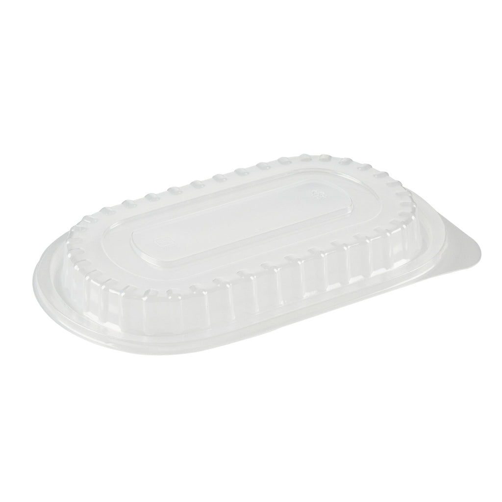 Chef 101 32 oz Oval Black Plastic Food Container - with Clear Dome Lid, Microwavable - 9 1/4" x 6" x 2 1/2" - 50 count box
