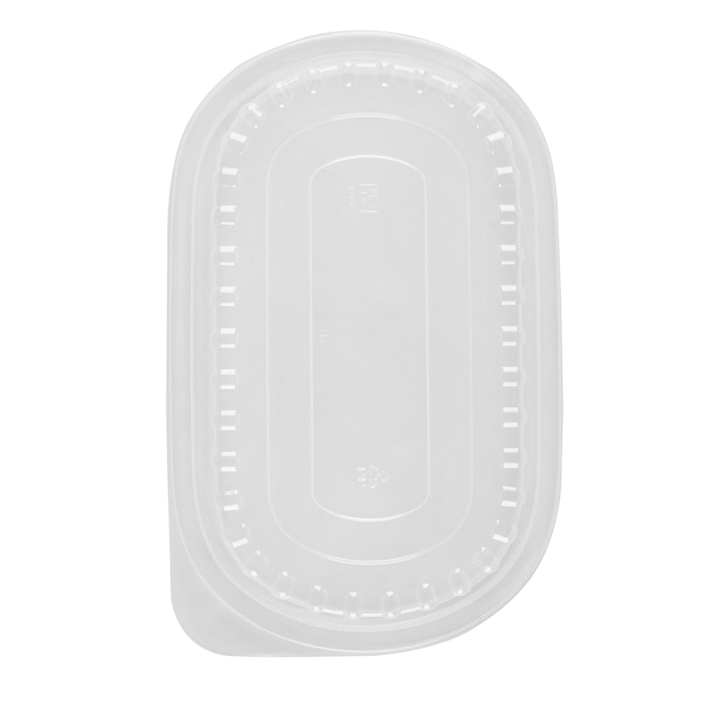 Chef 101 32 oz Oval Black Plastic Food Container - with Clear Dome Lid, Microwavable - 9 1/4" x 6" x 2 1/2" - 50 count box