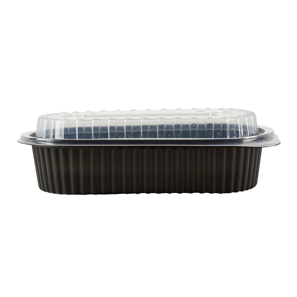 Chef 101 32 oz Oval Black Plastic Food Container - with Clear Dome Lid, Microwavable - 9 1/4" x 6" x 2 1/2" - 50 count box