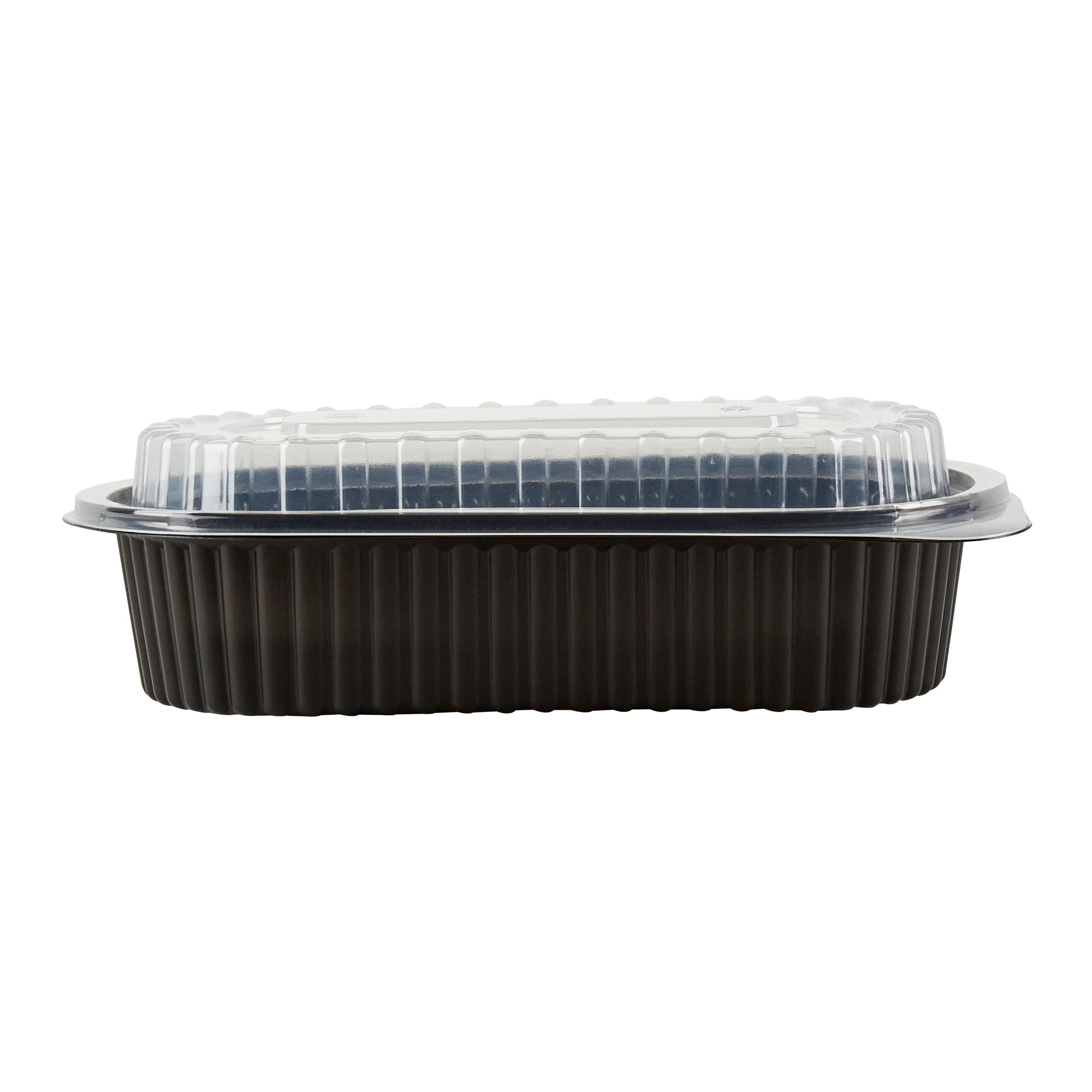 Chef 101 32 oz Oval Black Plastic Food Container - with Clear Dome Lid, Microwavable - 9 1/4" x 6" x 2 1/2" - 50 count box