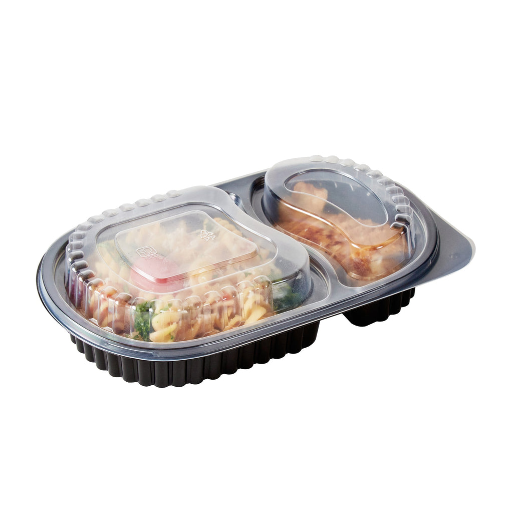 Chef 101 20 oz Oval Black Plastic Food Container - with Clear Dome Lid, Microwavable - 9 1/4" x 6" x 2 1/4" - 100 count box