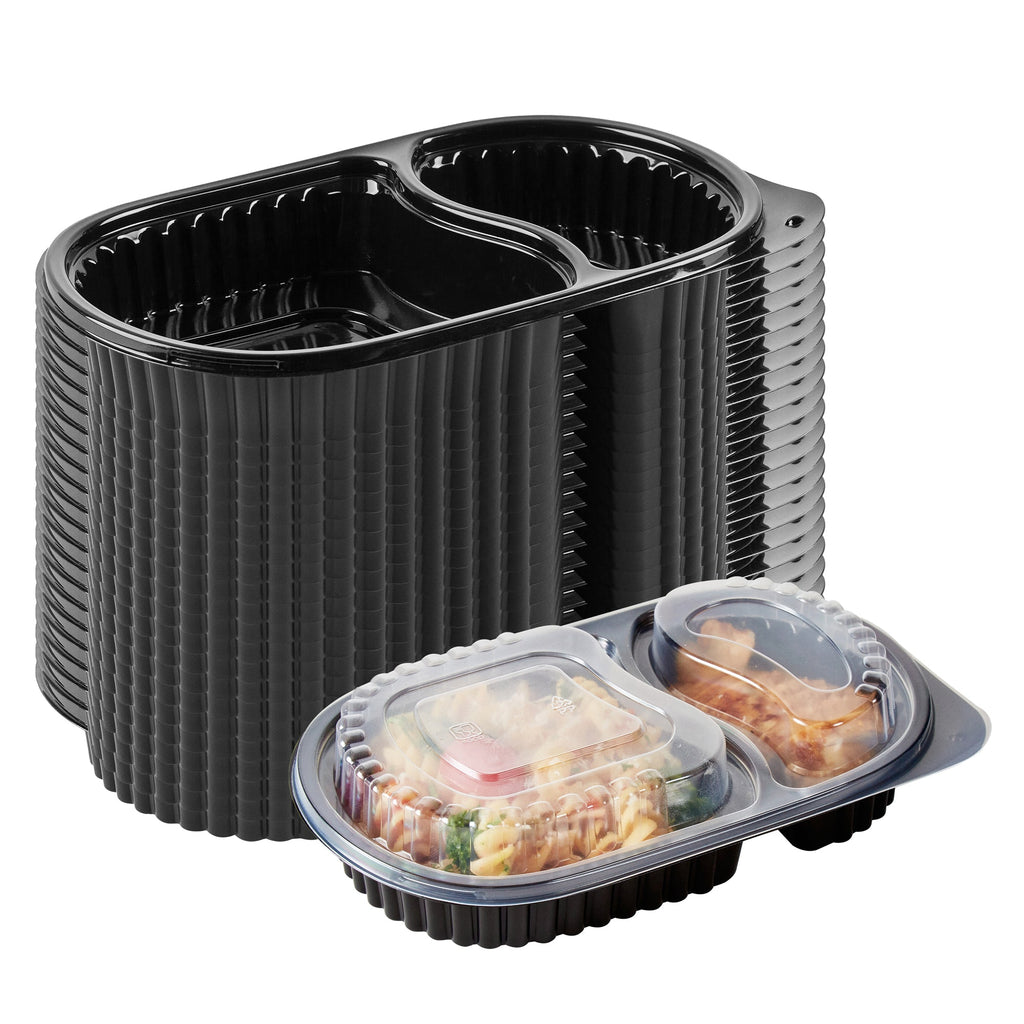Chef 101 20 oz Oval Black Plastic Food Container - with Clear Dome Lid, Microwavable - 9 1/4" x 6" x 2 1/4" - 50 count box