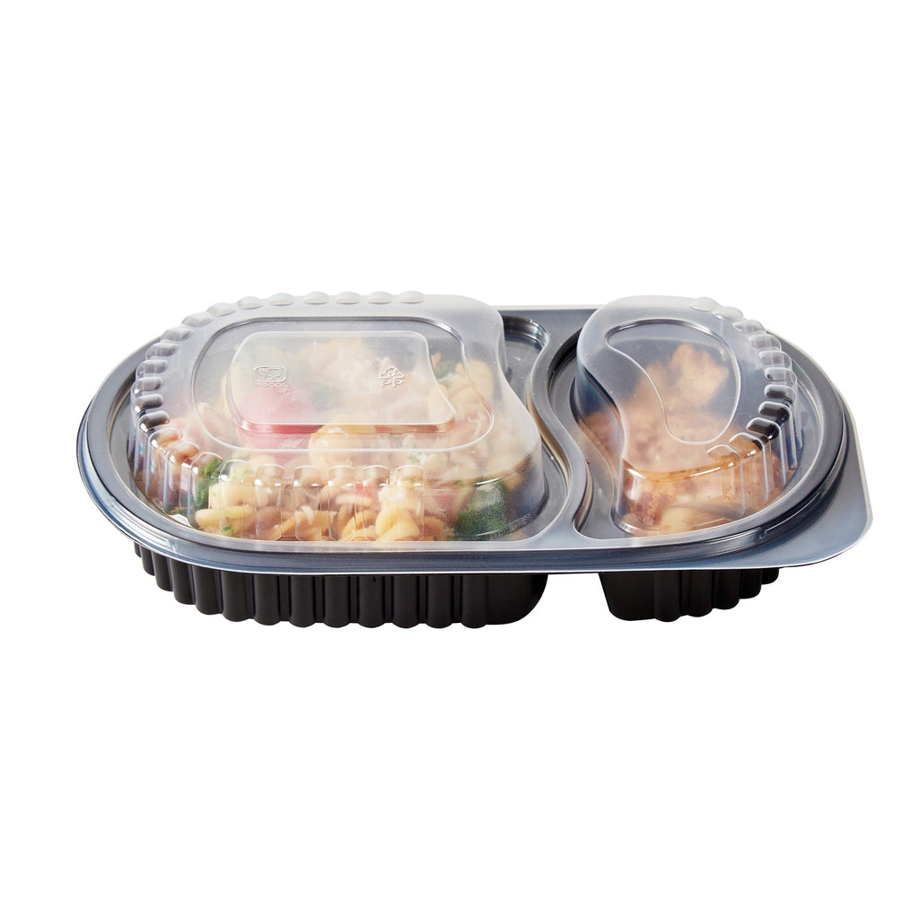 Chef 101 20 oz Oval Black Plastic Food Container - with Clear Dome Lid, Microwavable - 9 1/4" x 6" x 2 1/4" - 50 count box