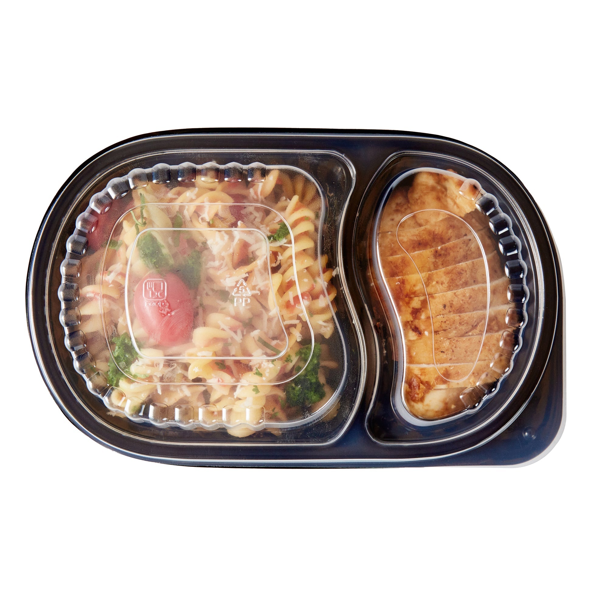 Chef 101 20 oz Oval Black Plastic Food Container - with Clear Dome Lid, Microwavable - 9 1/4" x 6" x 2 1/4" - 50 count box