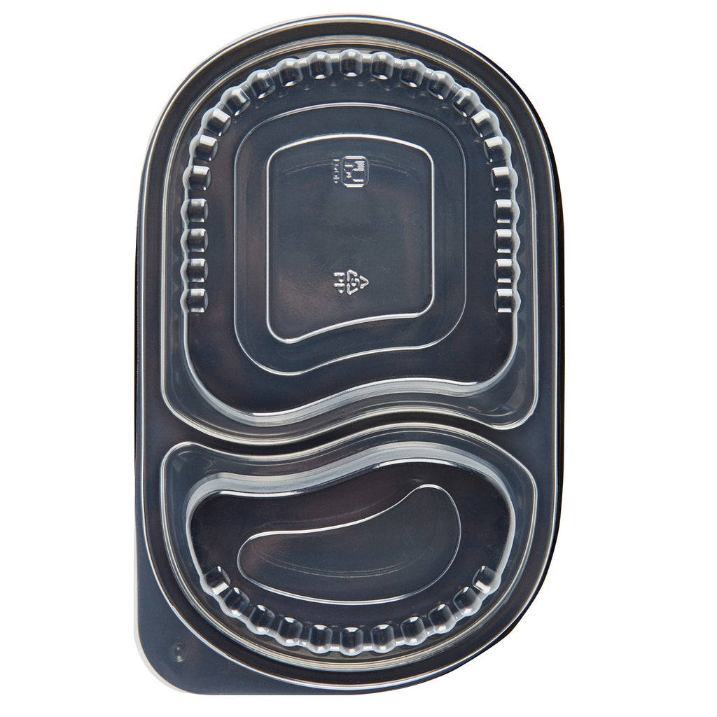 Chef 101 20 oz Oval Black Plastic Food Container - with Clear Dome Lid, Microwavable - 9 1/4" x 6" x 2 1/4" - 50 count box