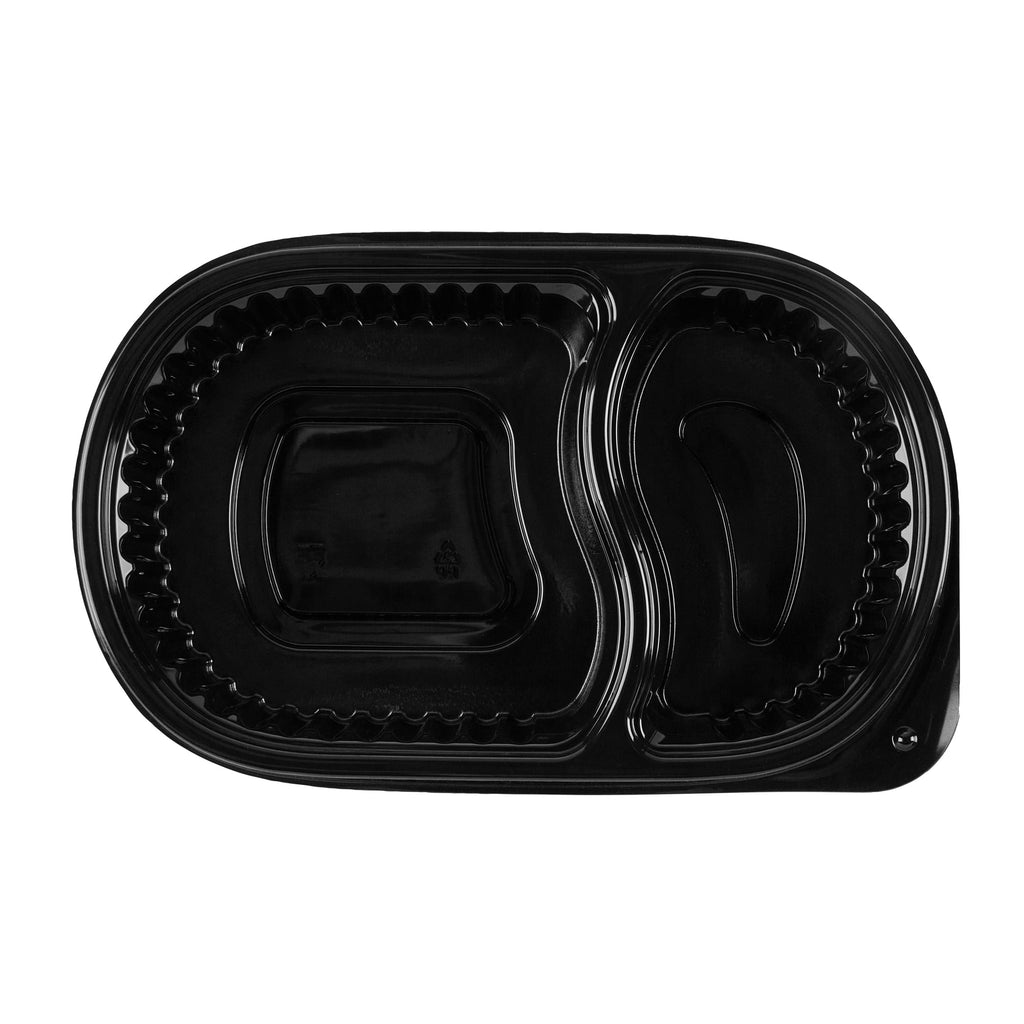 Chef 101 20 oz Oval Black Plastic Food Container - with Clear Dome Lid, Microwavable - 9 1/4" x 6" x 2 1/4" - 50 count box