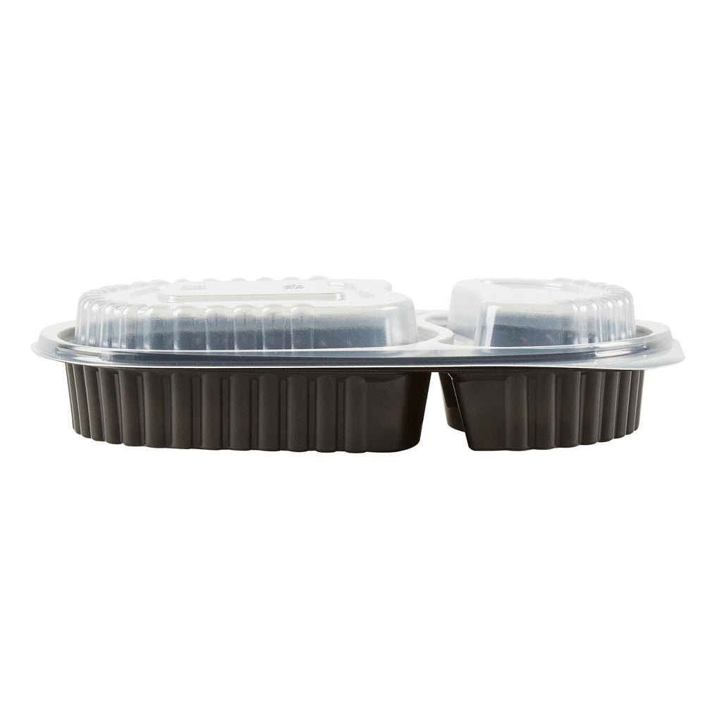 Chef 101 20 oz Oval Black Plastic Food Container - with Clear Dome Lid, Microwavable - 9 1/4" x 6" x 2 1/4" - 50 count box
