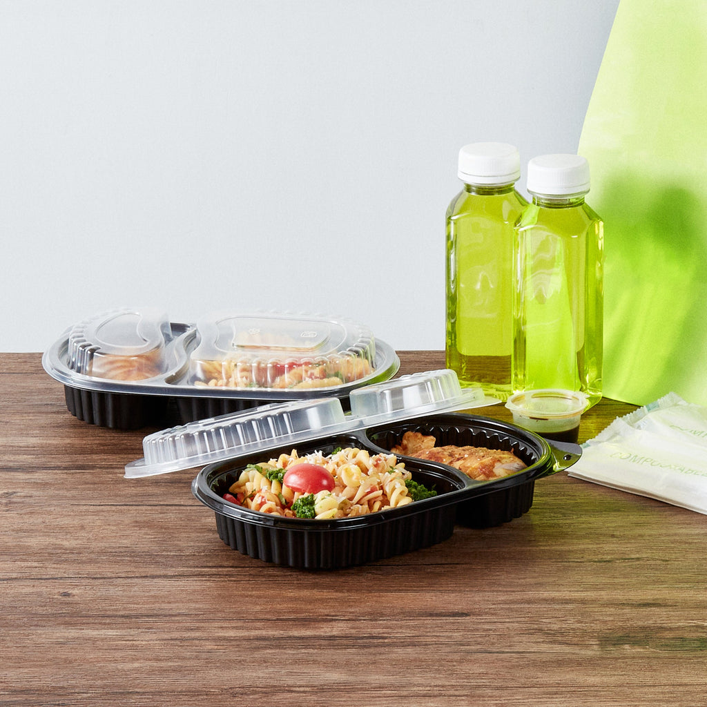 Chef 101 20 oz Oval Black Plastic Food Container - with Clear Dome Lid, Microwavable - 9 1/4" x 6" x 2 1/4" - 50 count box