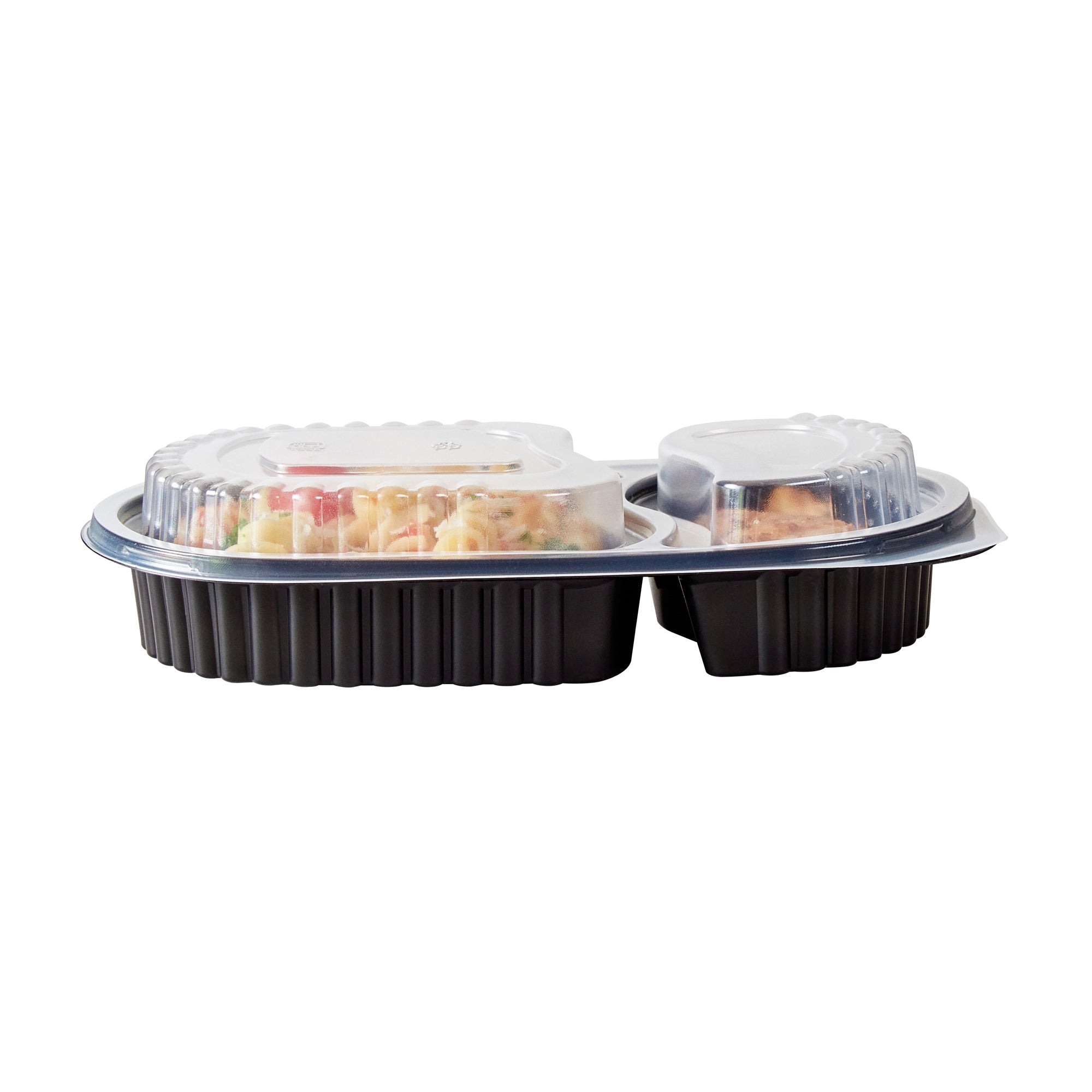 Chef 101 20 oz Oval Black Plastic Food Container - with Clear Dome Lid, Microwavable - 9 1/4" x 6" x 2 1/4" - 100 count box
