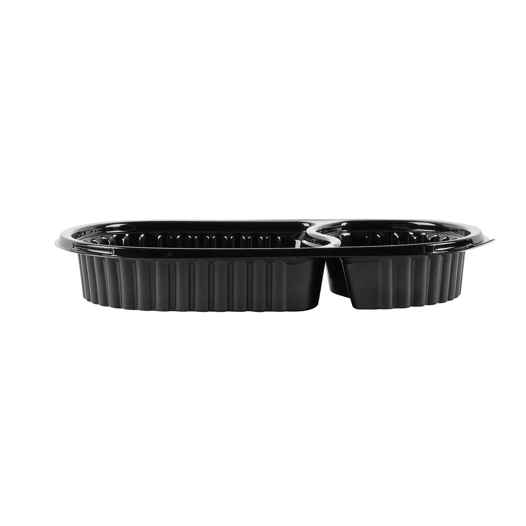 Chef 101 20 oz Oval Black Plastic Food Container - with Clear Dome Lid, Microwavable - 9 1/4" x 6" x 2 1/4" - 100 count box