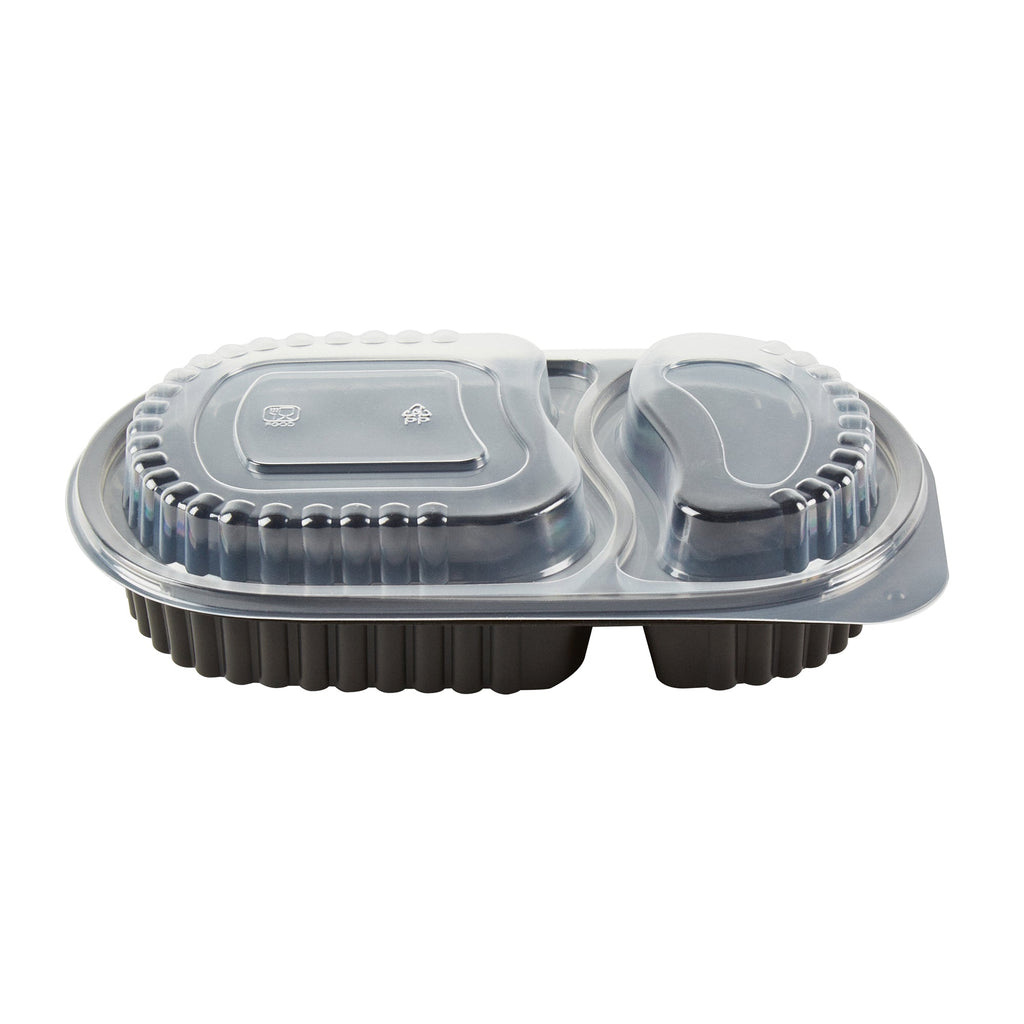 Chef 101 20 oz Oval Black Plastic Food Container - with Clear Dome Lid, Microwavable - 9 1/4" x 6" x 2 1/4" - 100 count box