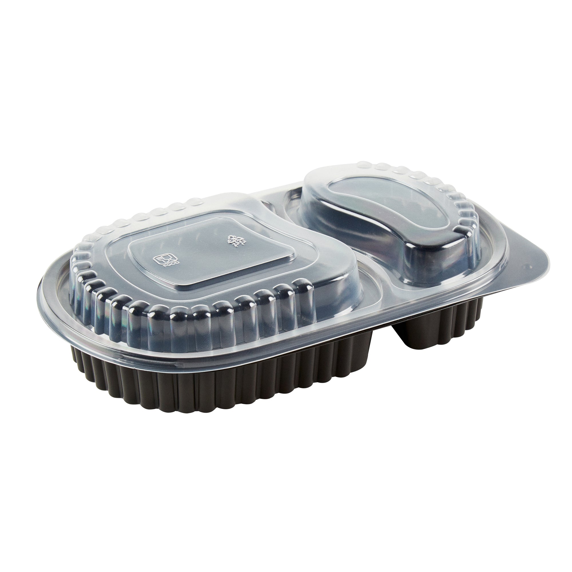 Chef 101 20 oz Oval Black Plastic Food Container - with Clear Dome Lid, Microwavable - 9 1/4" x 6" x 2 1/4" - 100 count box