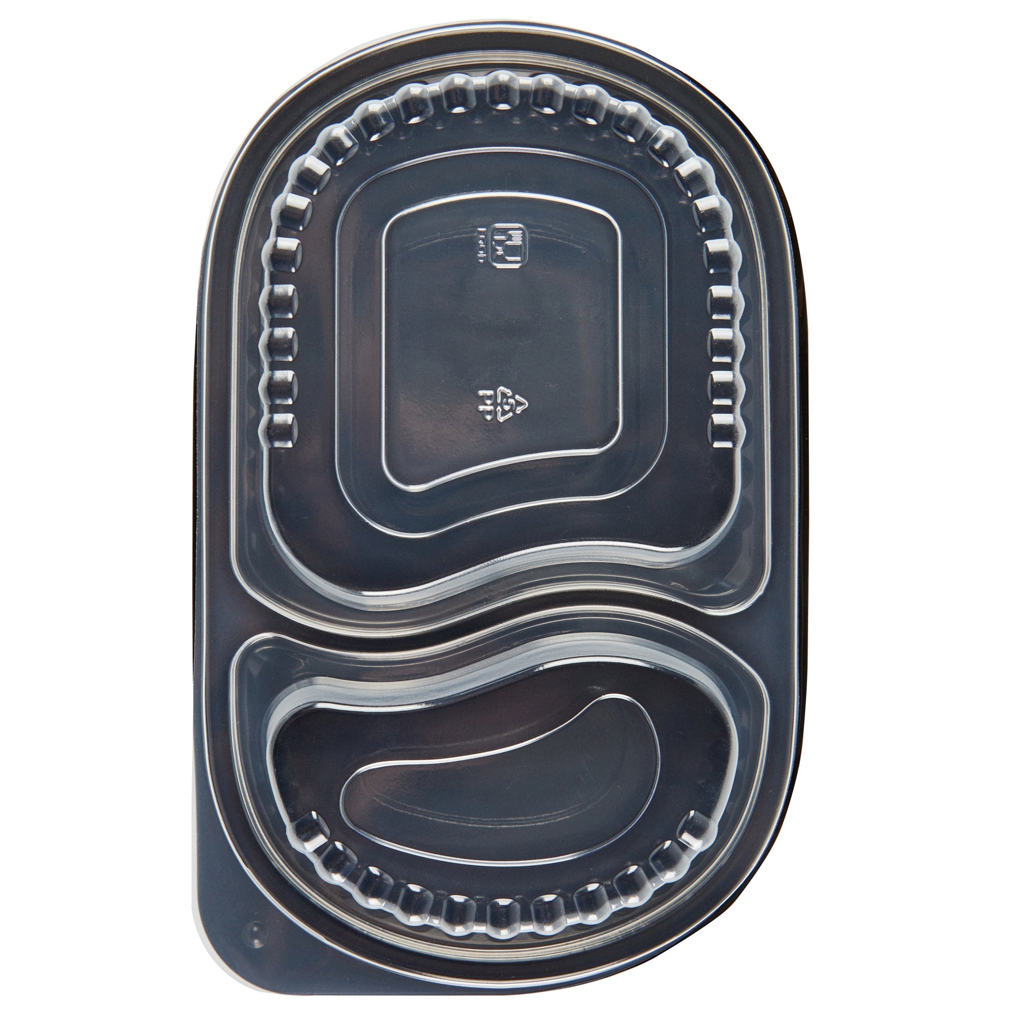 Chef 101 20 oz Oval Black Plastic Food Container - with Clear Dome Lid, Microwavable - 9 1/4" x 6" x 2 1/4" - 100 count box