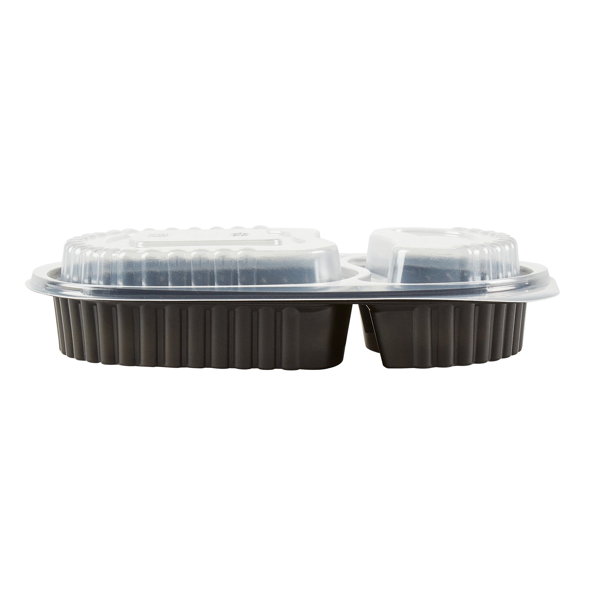 Chef 101 20 oz Oval Black Plastic Food Container - with Clear Dome Lid, Microwavable - 9 1/4" x 6" x 2 1/4" - 100 count box