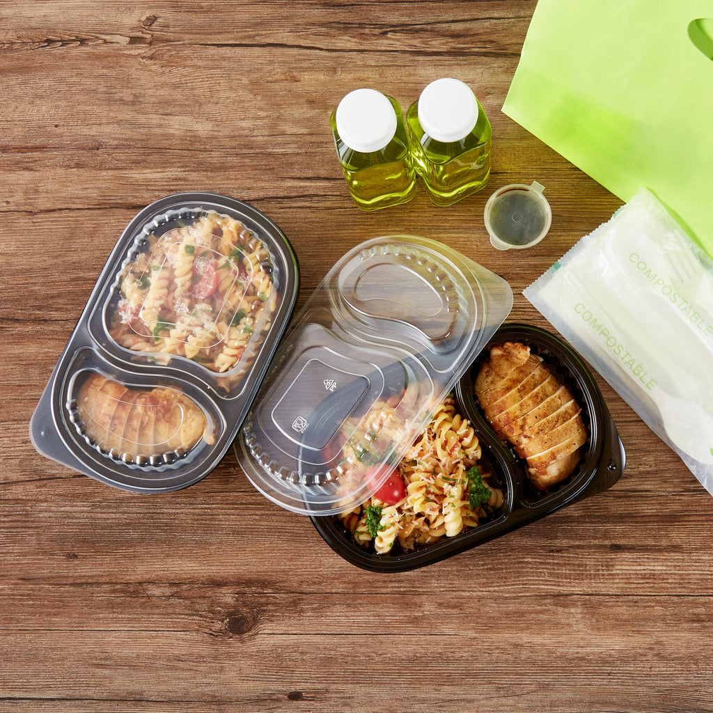 Chef 101 20 oz Oval Black Plastic Food Container - with Clear Dome Lid, Microwavable - 9 1/4" x 6" x 2 1/4" - 100 count box