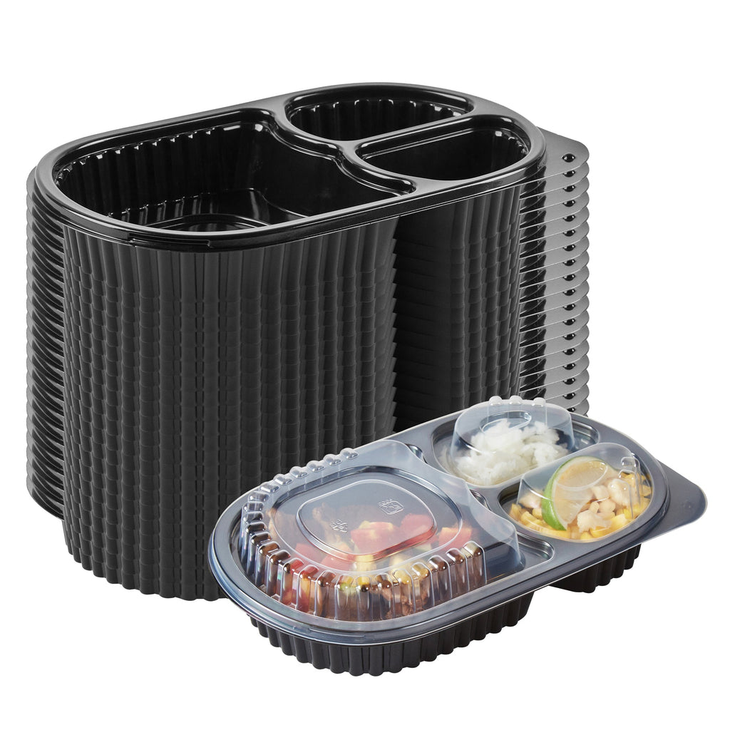 Chef 101 19 oz Oval Black Plastic Food Container - with Clear Lid, 3 Compartments, Microwavable - 9 1/4" x 6" x 2 1/4" - 100 count box