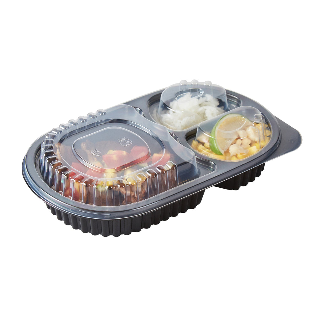 Chef 101 19 oz Oval Black Plastic Food Container - with Clear Lid, 3 Compartments, Microwavable - 9 1/4" x 6" x 2 1/4" - 50 count box