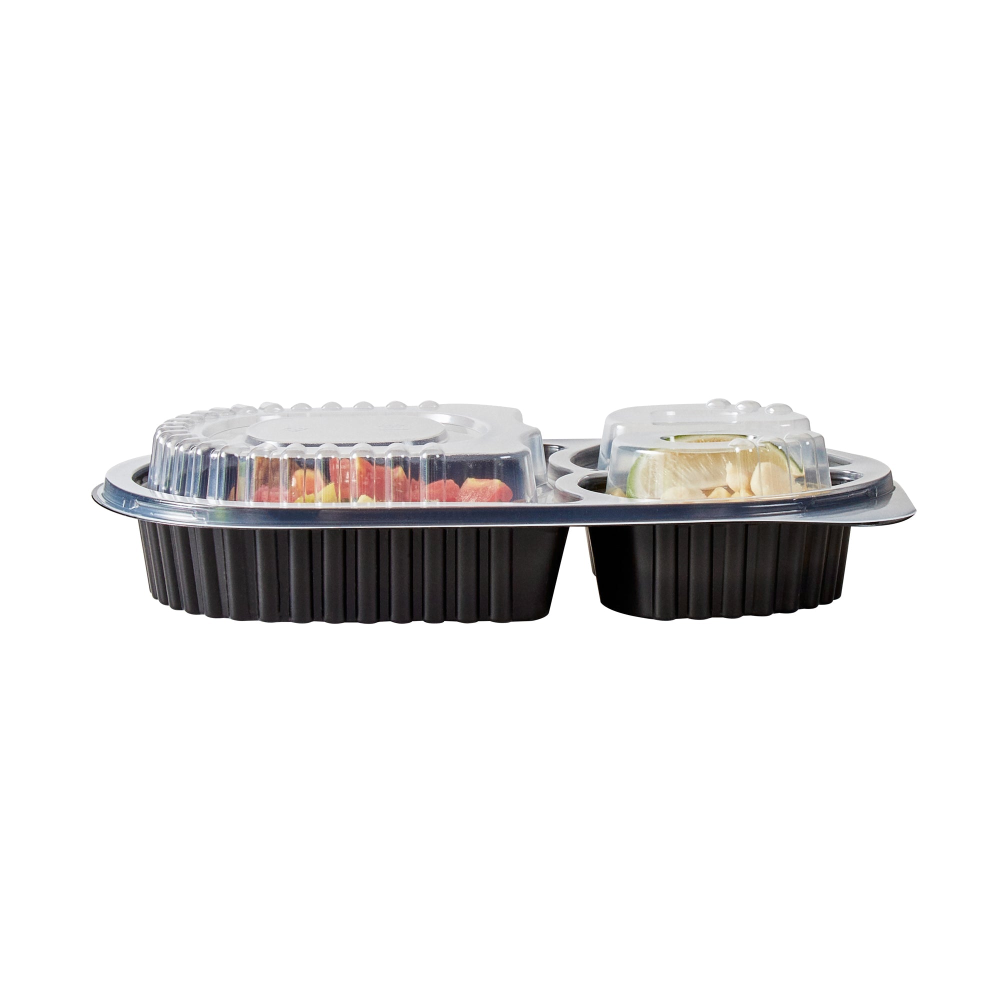 Chef 101 19 oz Oval Black Plastic Food Container - with Clear Lid, 3 Compartments, Microwavable - 9 1/4" x 6" x 2 1/4" - 50 count box