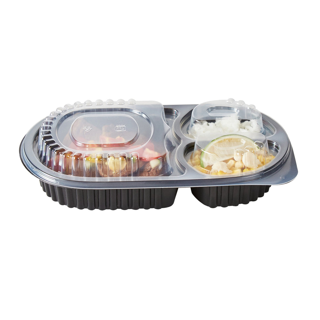 Chef 101 19 oz Oval Black Plastic Food Container - with Clear Lid, 3 Compartments, Microwavable - 9 1/4" x 6" x 2 1/4" - 50 count box