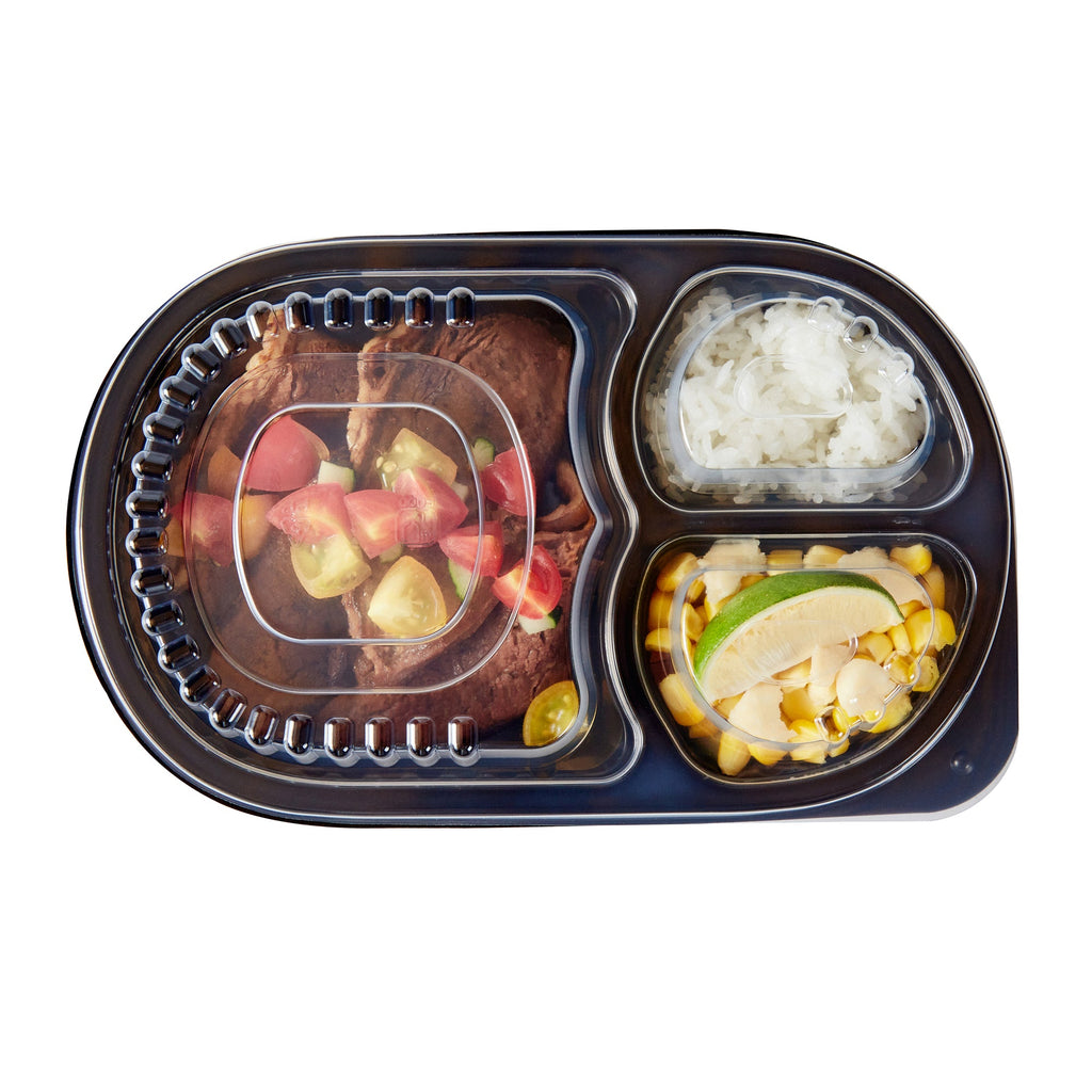 Chef 101 19 oz Oval Black Plastic Food Container - with Clear Lid, 3 Compartments, Microwavable - 9 1/4" x 6" x 2 1/4" - 50 count box