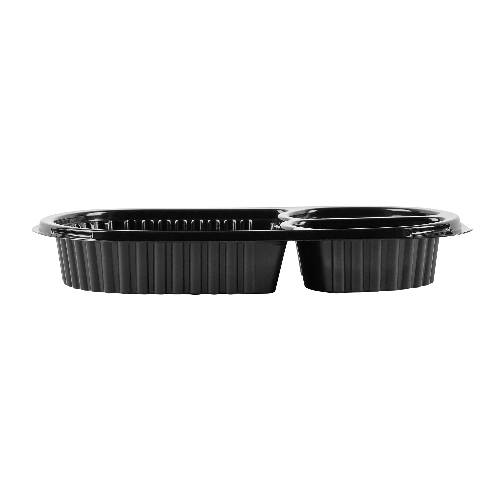 Chef 101 19 oz Oval Black Plastic Food Container - with Clear Lid, 3 Compartments, Microwavable - 9 1/4" x 6" x 2 1/4" - 50 count box