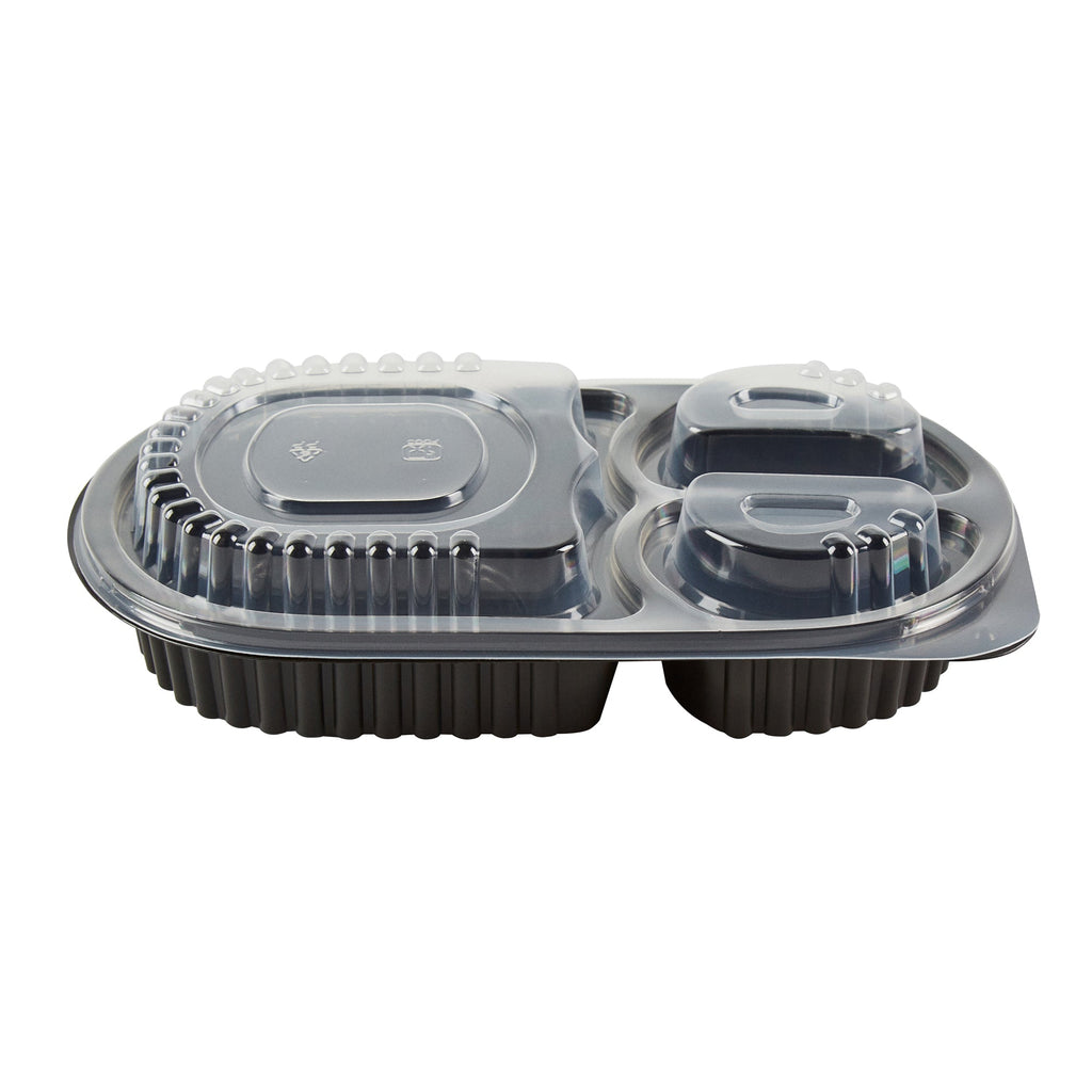 Chef 101 19 oz Oval Black Plastic Food Container - with Clear Lid, 3 Compartments, Microwavable - 9 1/4" x 6" x 2 1/4" - 50 count box