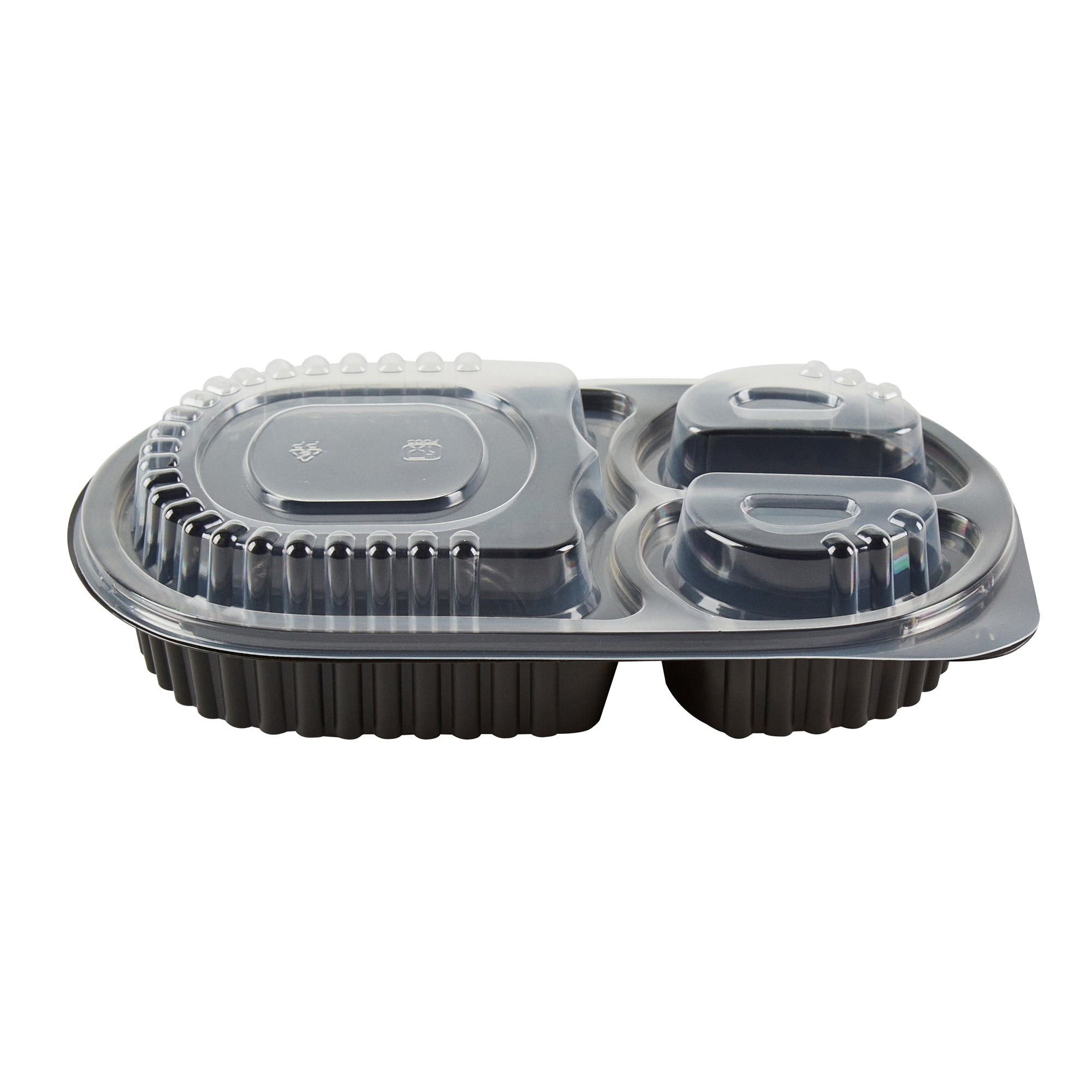 Chef 101 19 oz Oval Black Plastic Food Container - with Clear Lid, 3 Compartments, Microwavable - 9 1/4" x 6" x 2 1/4" - 50 count box