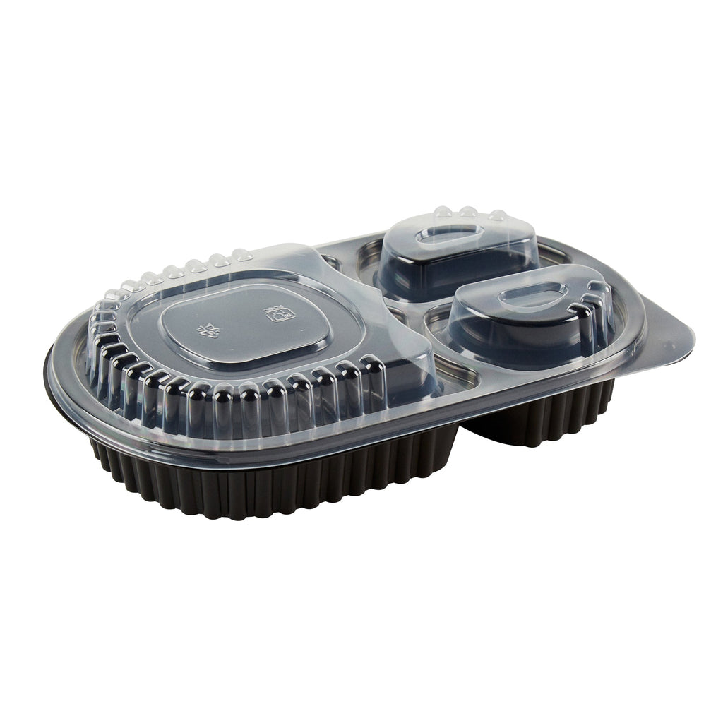Chef 101 19 oz Oval Black Plastic Food Container - with Clear Lid, 3 Compartments, Microwavable - 9 1/4" x 6" x 2 1/4" - 50 count box