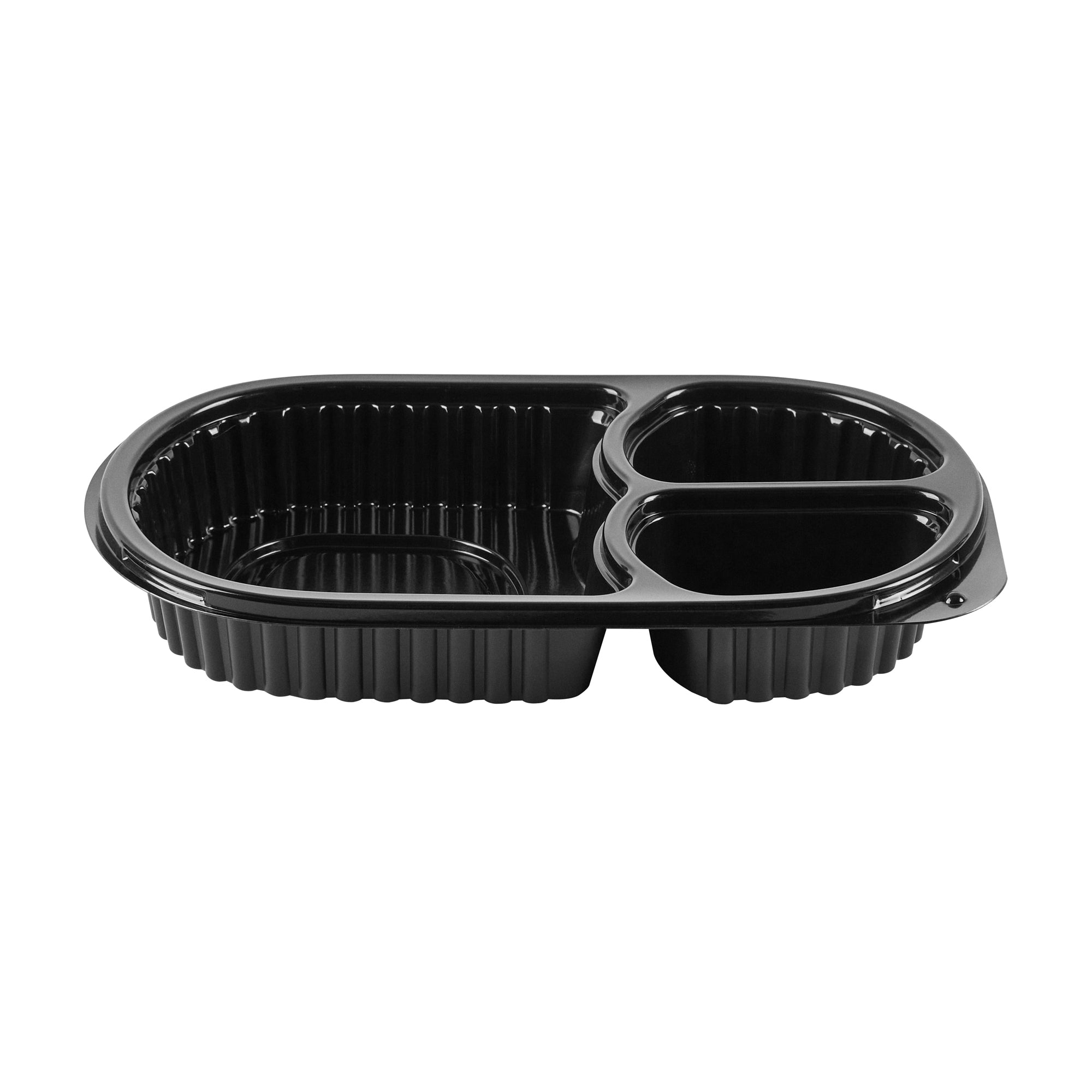 Chef 101 19 oz Oval Black Plastic Food Container - with Clear Lid, 3 Compartments, Microwavable - 9 1/4" x 6" x 2 1/4" - 50 count box