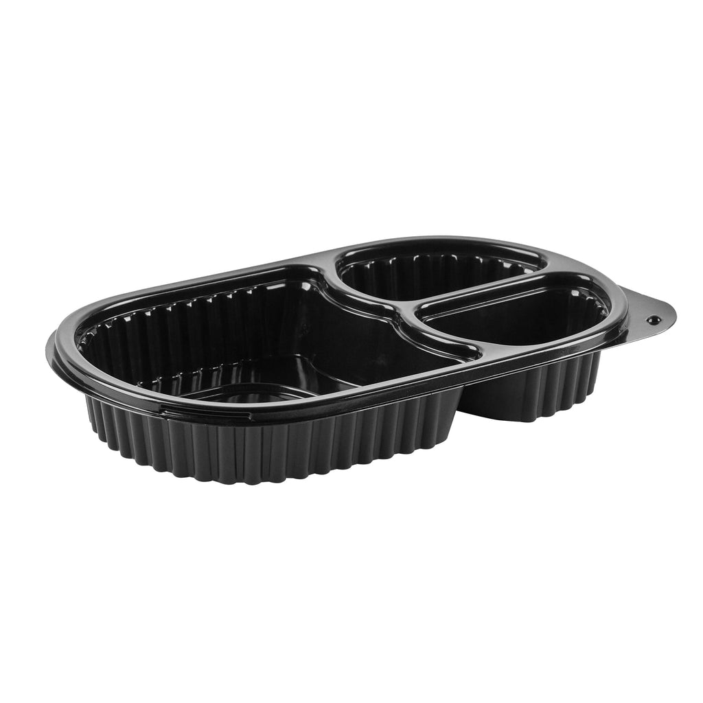 Chef 101 19 oz Oval Black Plastic Food Container - with Clear Lid, 3 Compartments, Microwavable - 9 1/4" x 6" x 2 1/4" - 50 count box