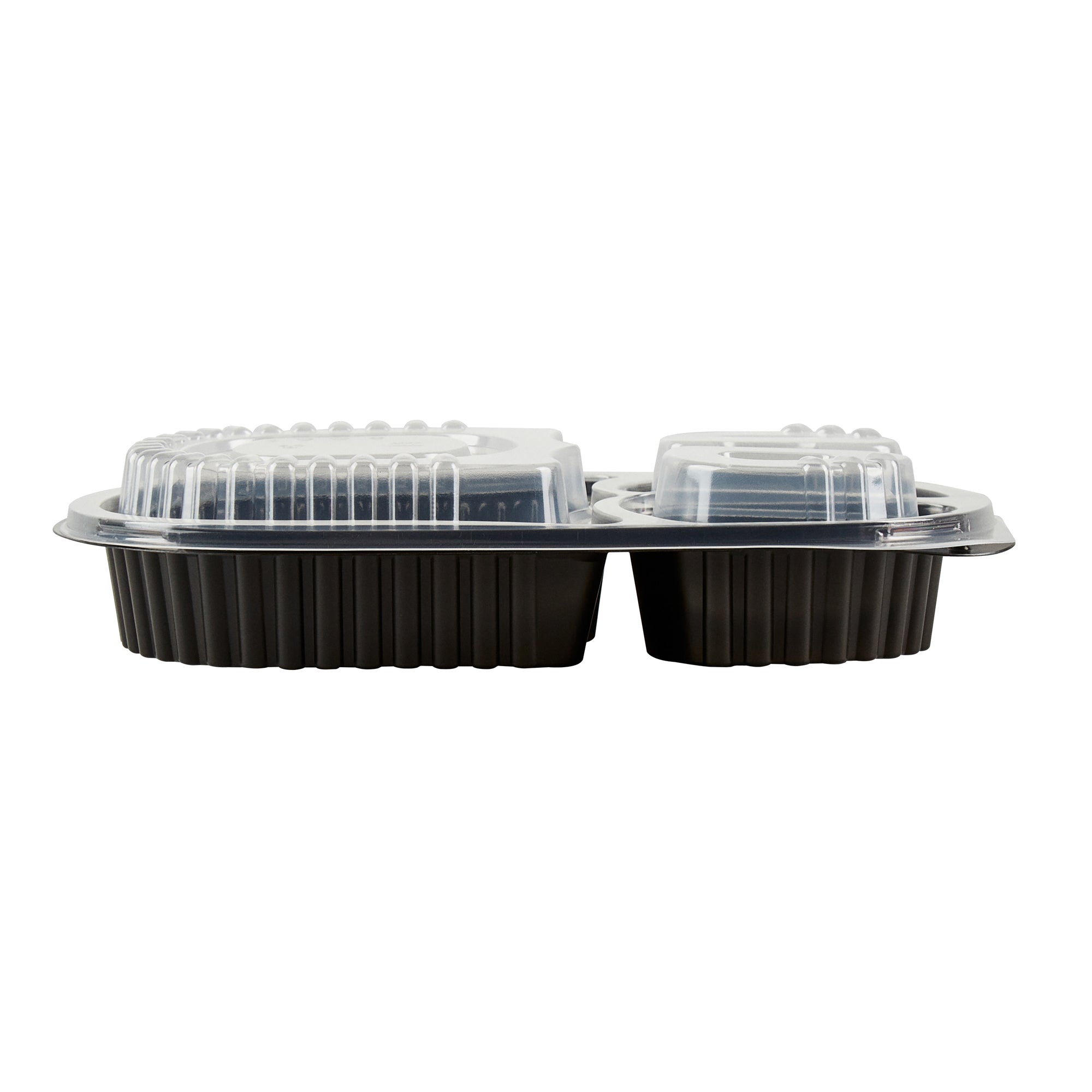Chef 101 19 oz Oval Black Plastic Food Container - with Clear Lid, 3 Compartments, Microwavable - 9 1/4" x 6" x 2 1/4" - 50 count box