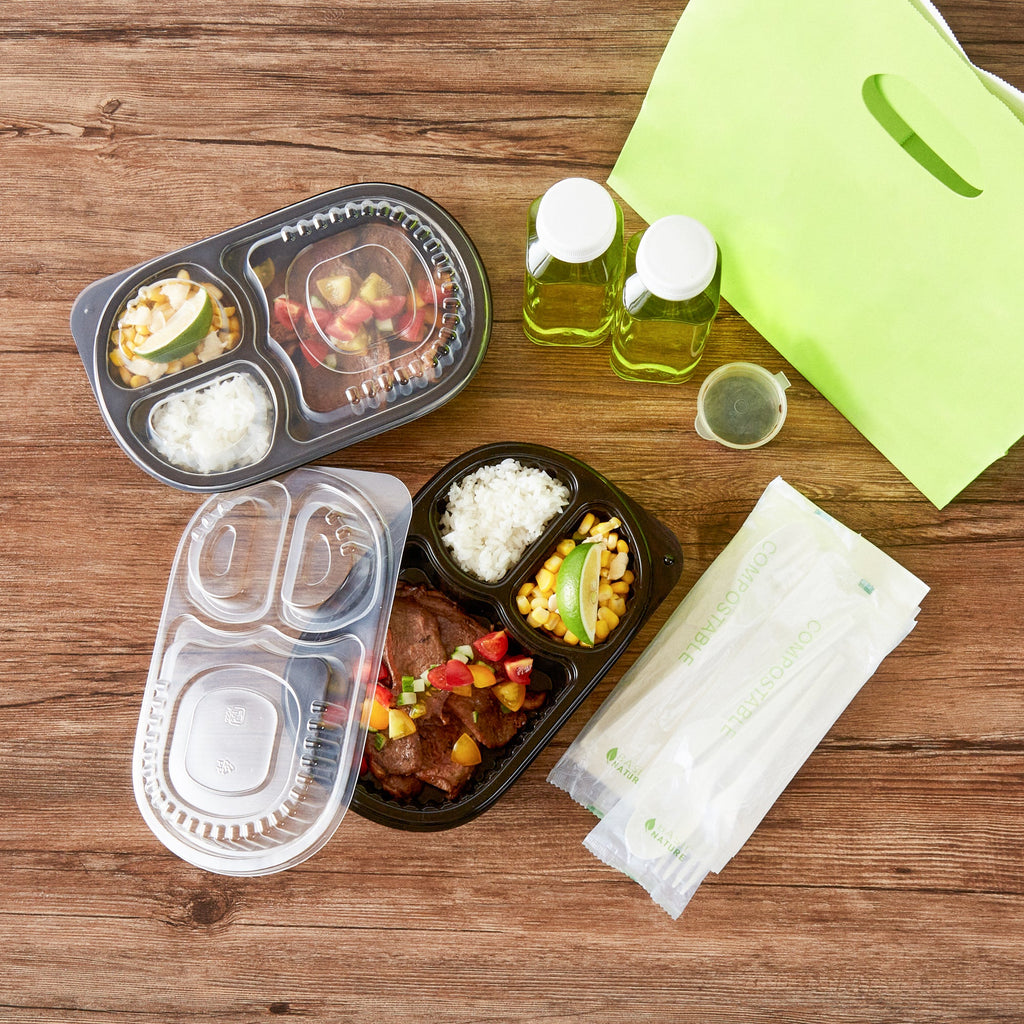 Chef 101 19 oz Oval Black Plastic Food Container - with Clear Lid, 3 Compartments, Microwavable - 9 1/4" x 6" x 2 1/4" - 50 count box