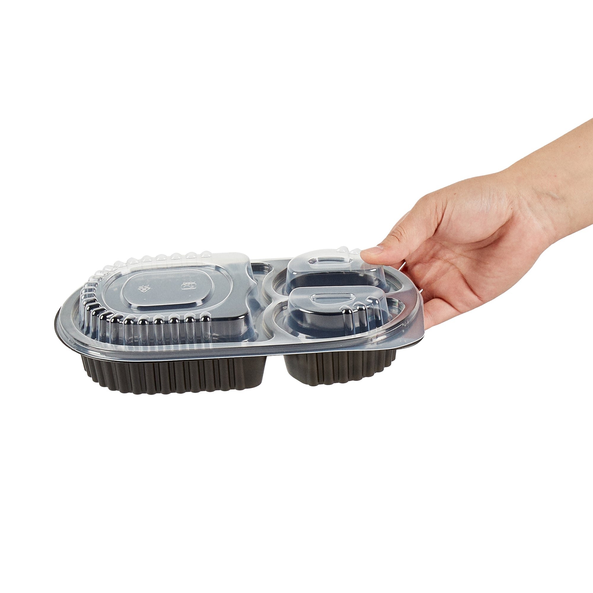 Chef 101 19 oz Oval Black Plastic Food Container - with Clear Lid, 3 Compartments, Microwavable - 9 1/4" x 6" x 2 1/4" - 100 count box