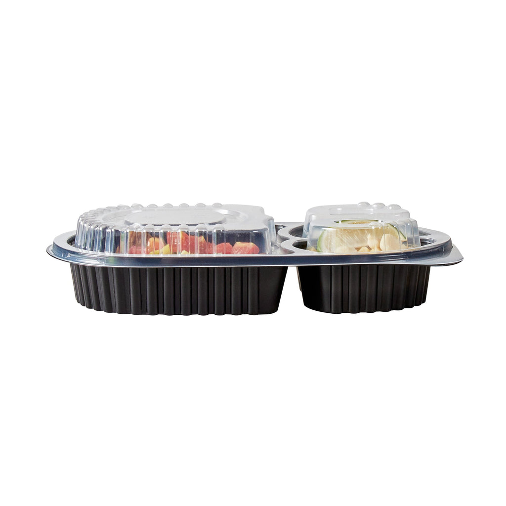 Chef 101 19 oz Oval Black Plastic Food Container - with Clear Lid, 3 Compartments, Microwavable - 9 1/4" x 6" x 2 1/4" - 100 count box