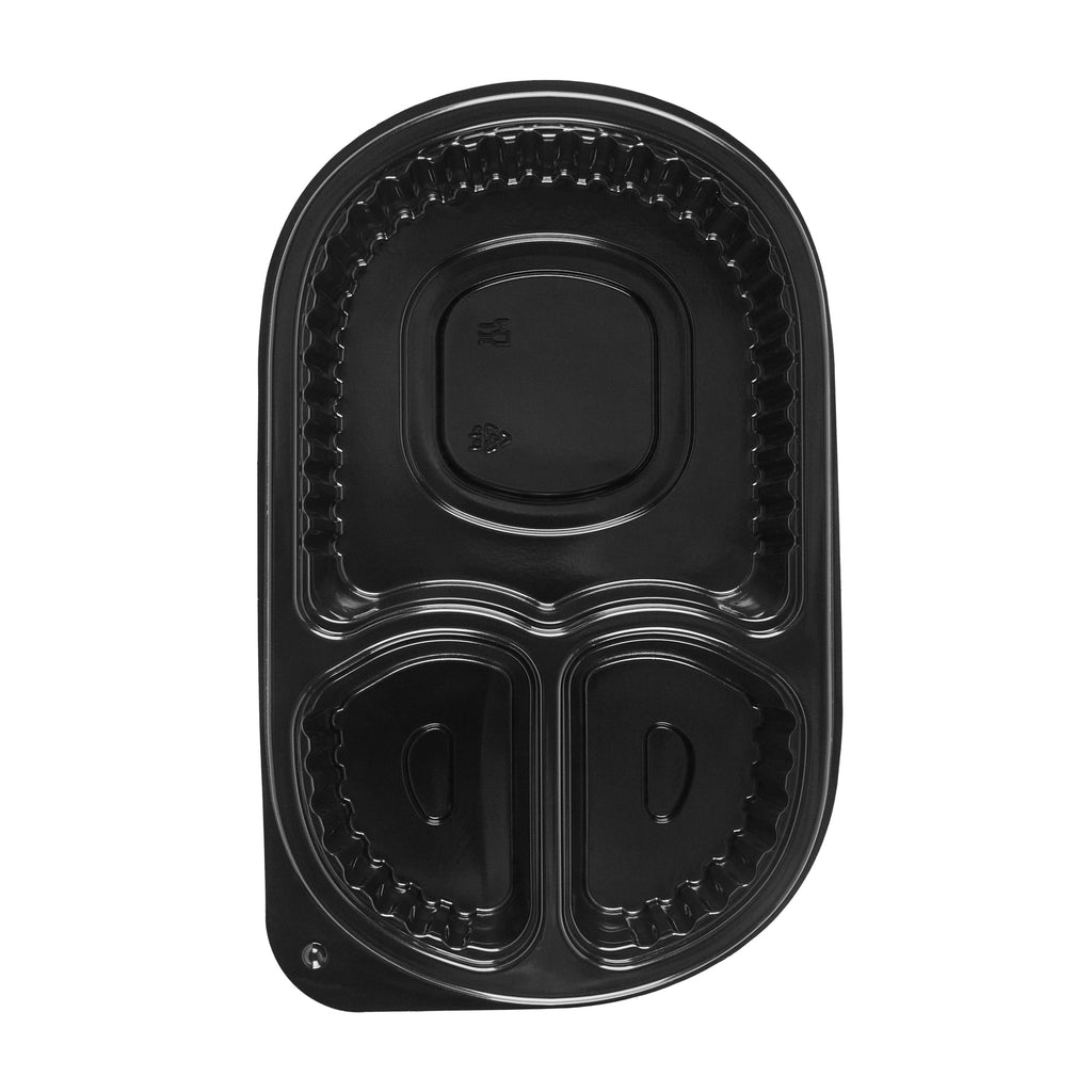 Chef 101 19 oz Oval Black Plastic Food Container - with Clear Lid, 3 Compartments, Microwavable - 9 1/4" x 6" x 2 1/4" - 100 count box