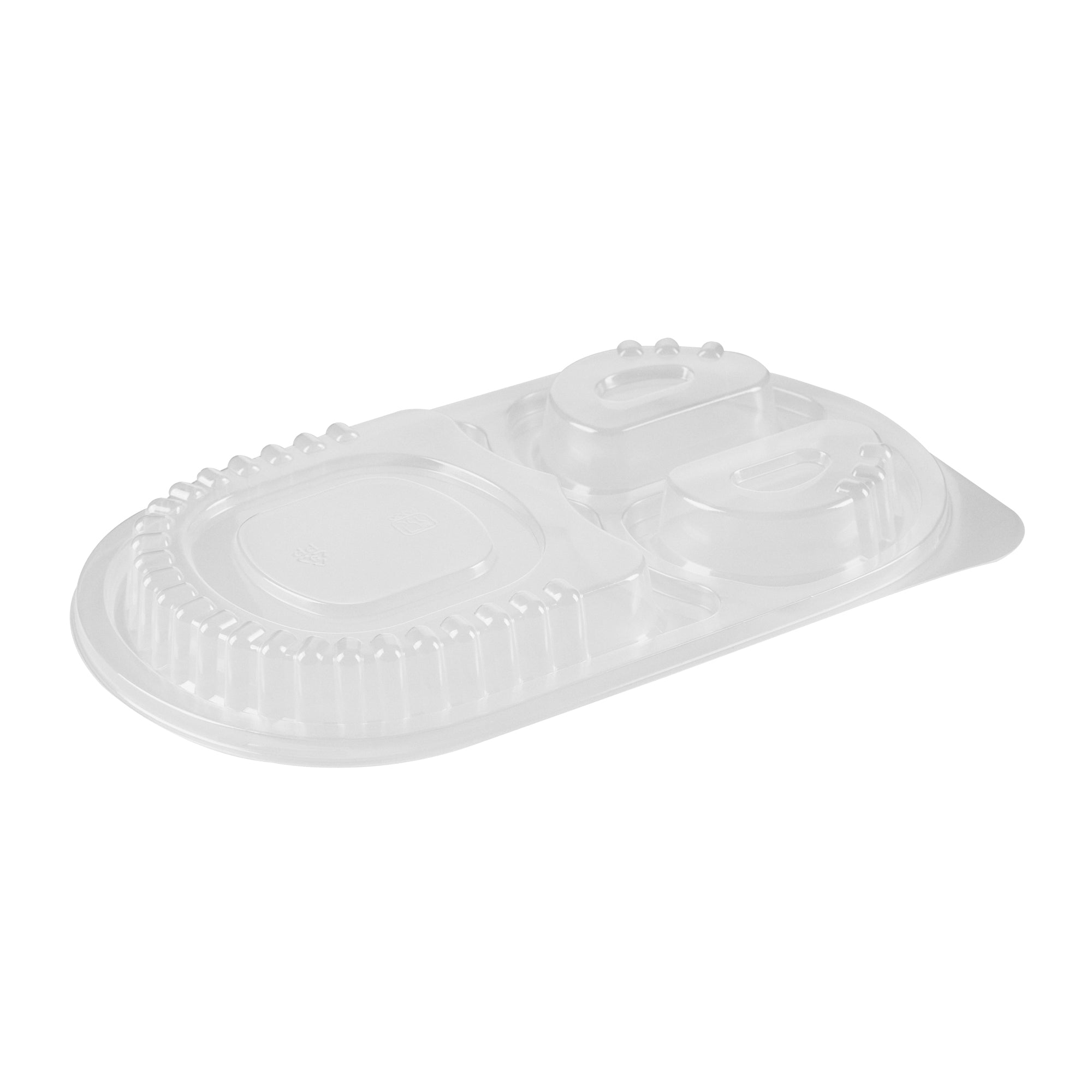 Chef 101 19 oz Oval Black Plastic Food Container - with Clear Lid, 3 Compartments, Microwavable - 9 1/4" x 6" x 2 1/4" - 100 count box